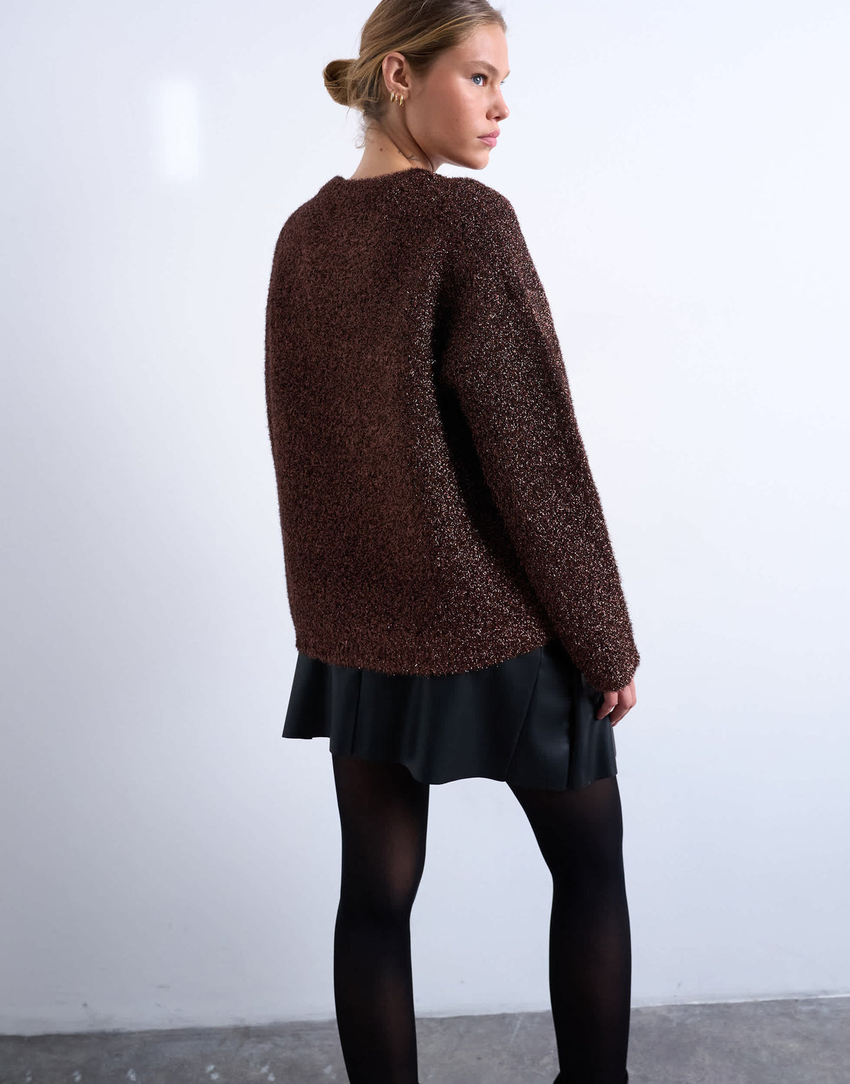 Topshop knitted oversized tinsel wide sleeve jumper in brown
