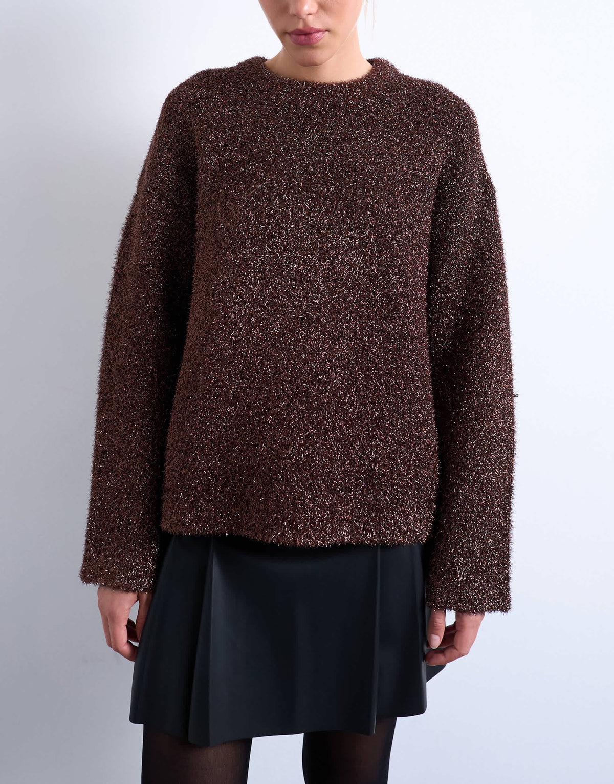 Topshop knitted oversized tinsel wide sleeve jumper in brown