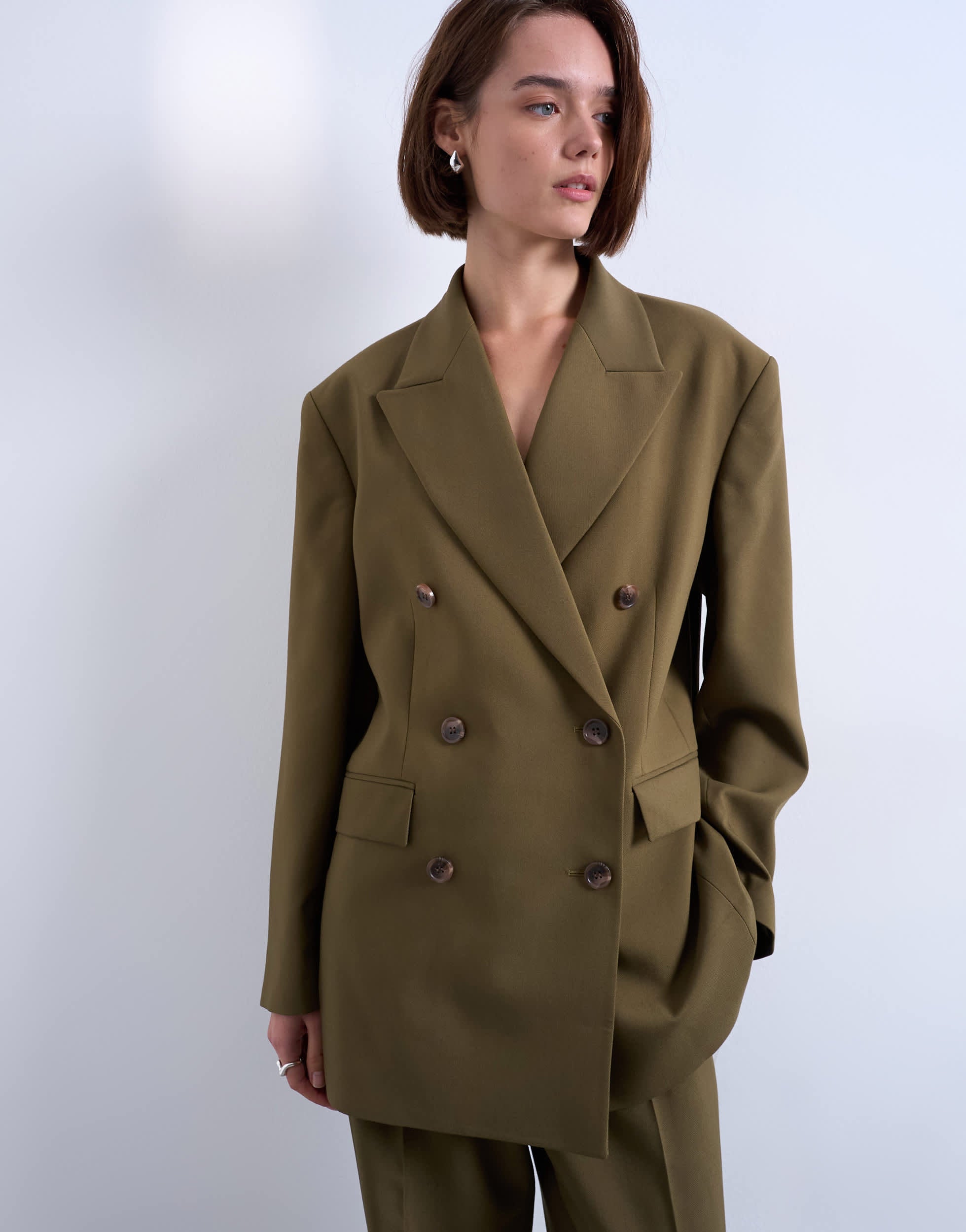Topshop 6 button double breasted tuxedo blazer in khaki