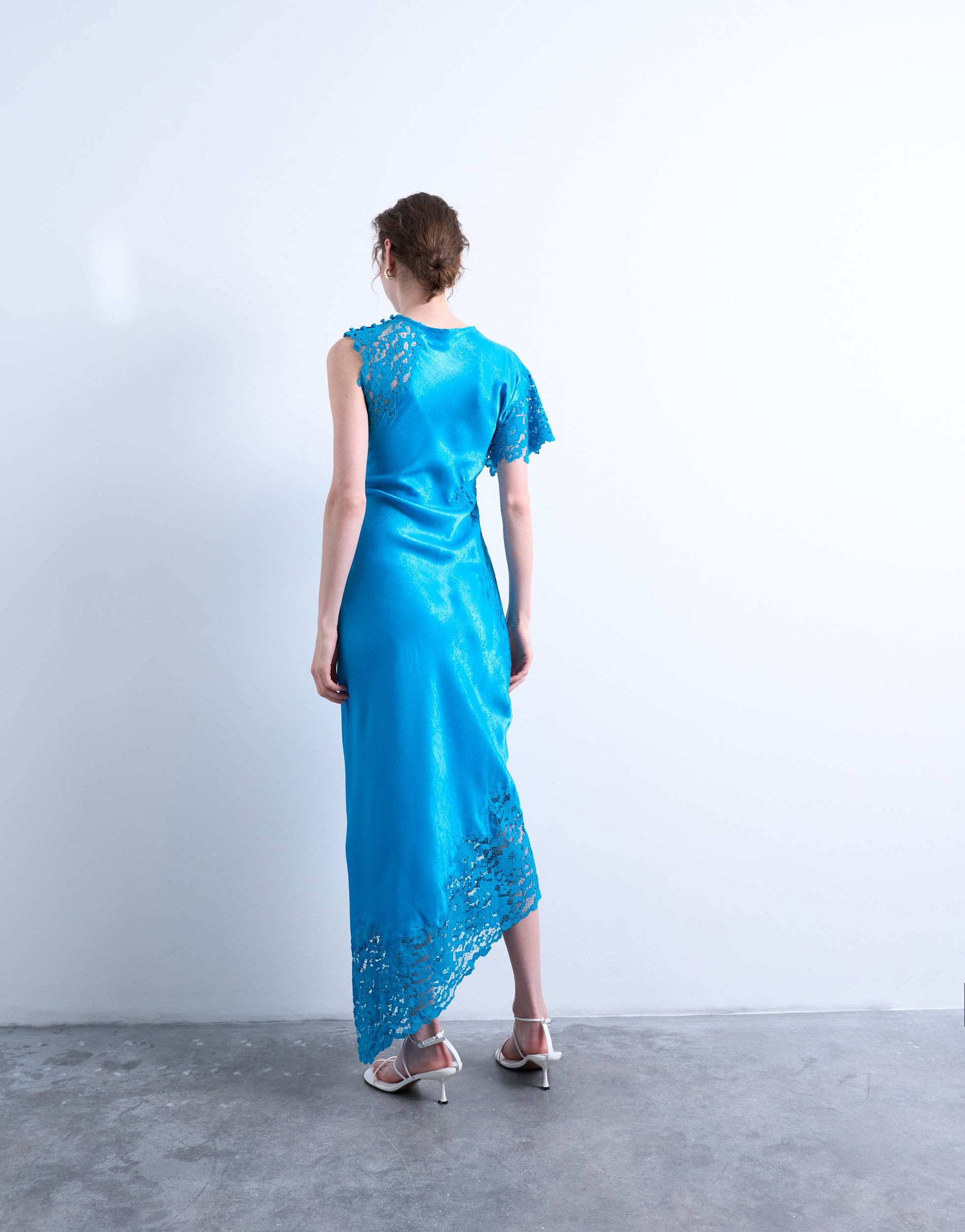 Topshop lace insert grown on shoulder midi dress in deep blue