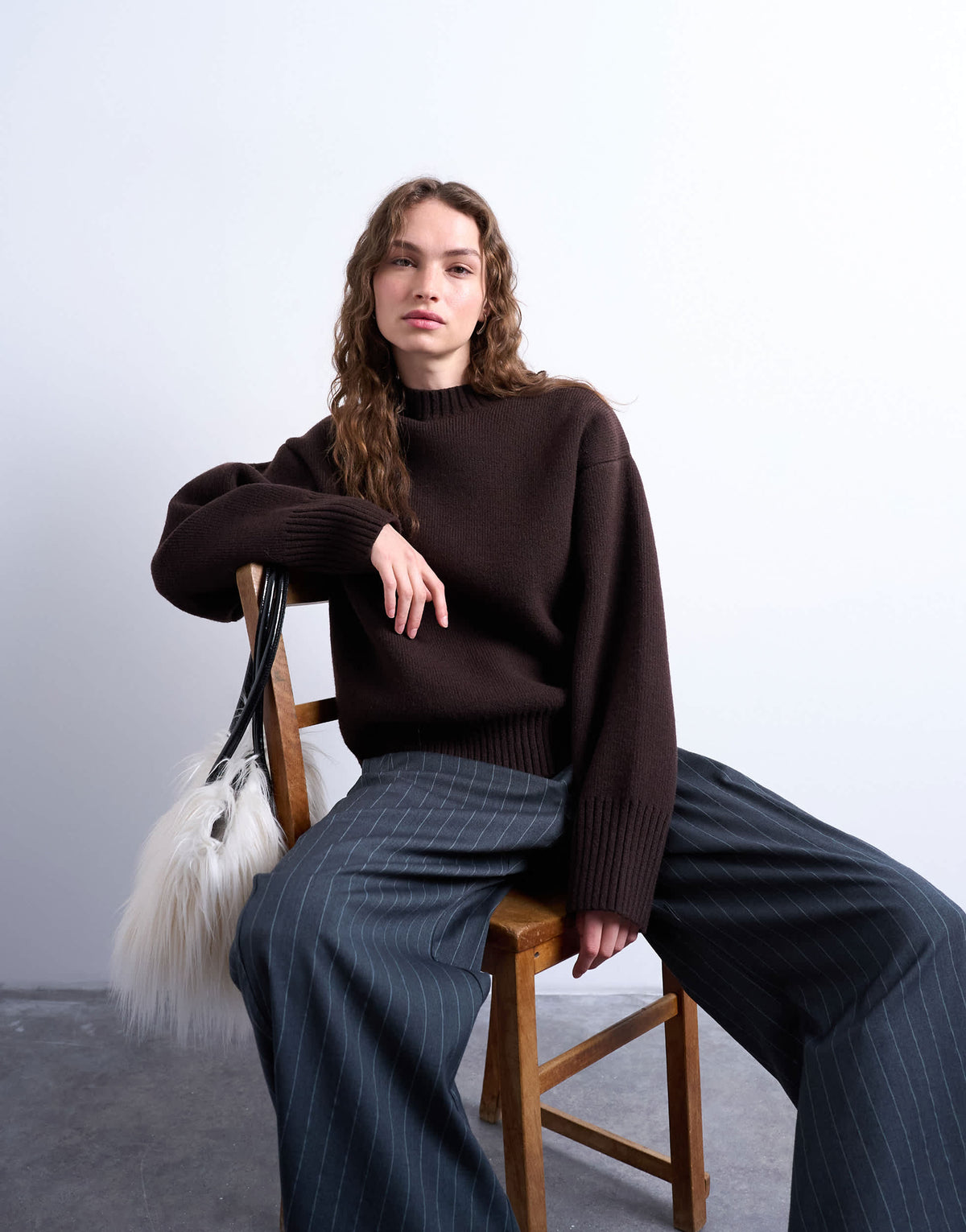 Topshop knitted chunky all needle clean crew jumper in chocolate