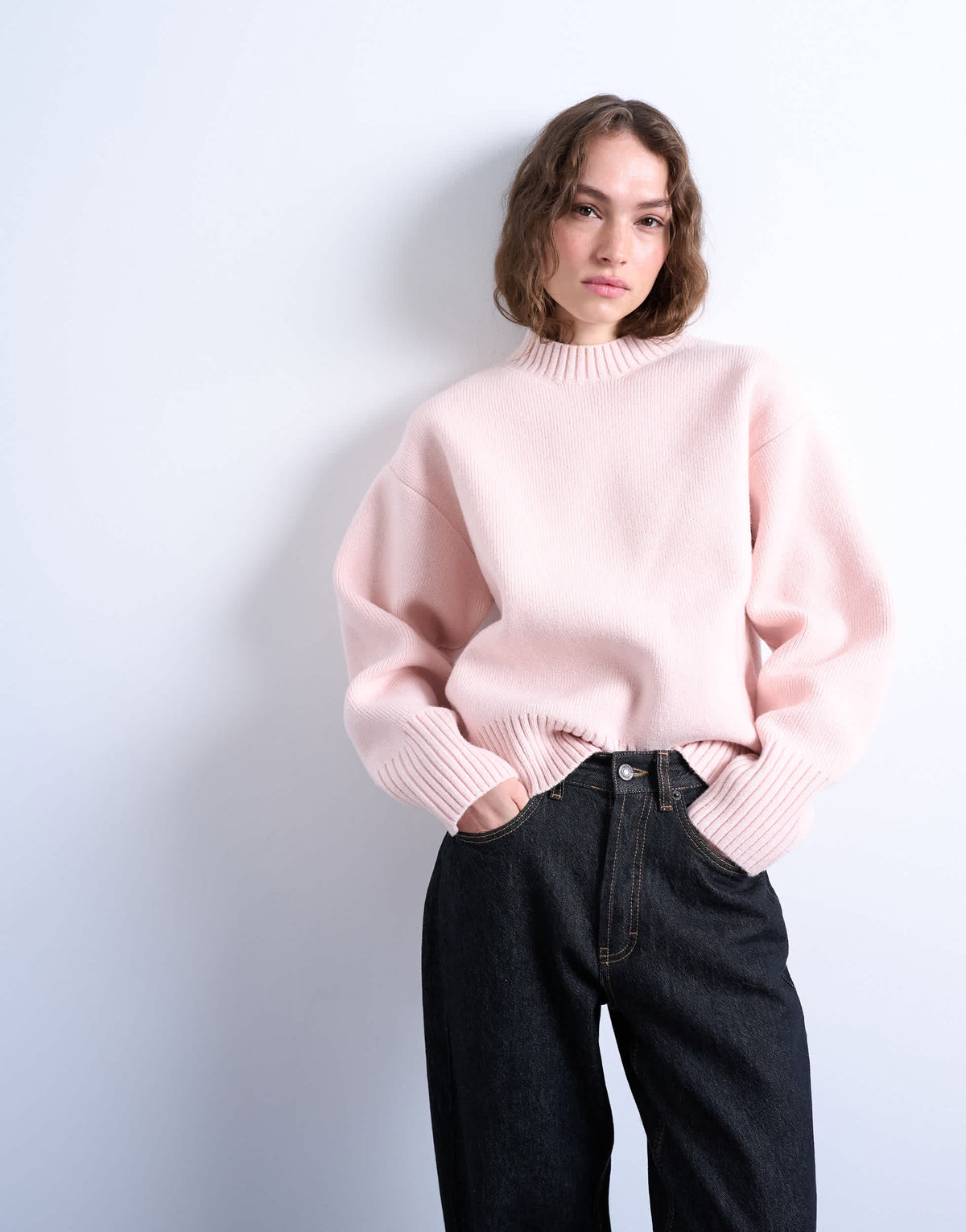 Topshop knitted chunky all needle clean crew jumper in pink