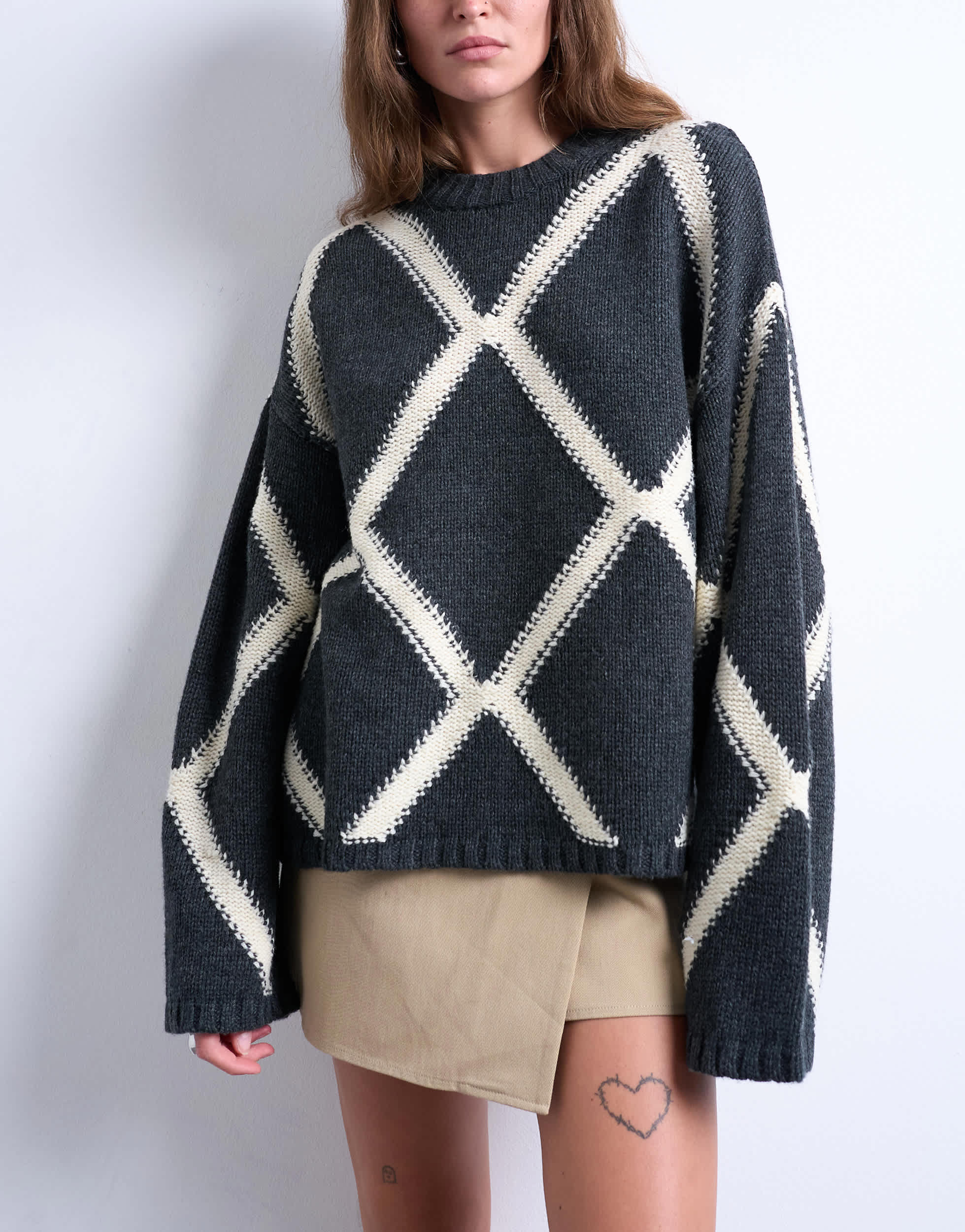 Topshop Strickpullover mit Argyle-Muster in Anthrazit
