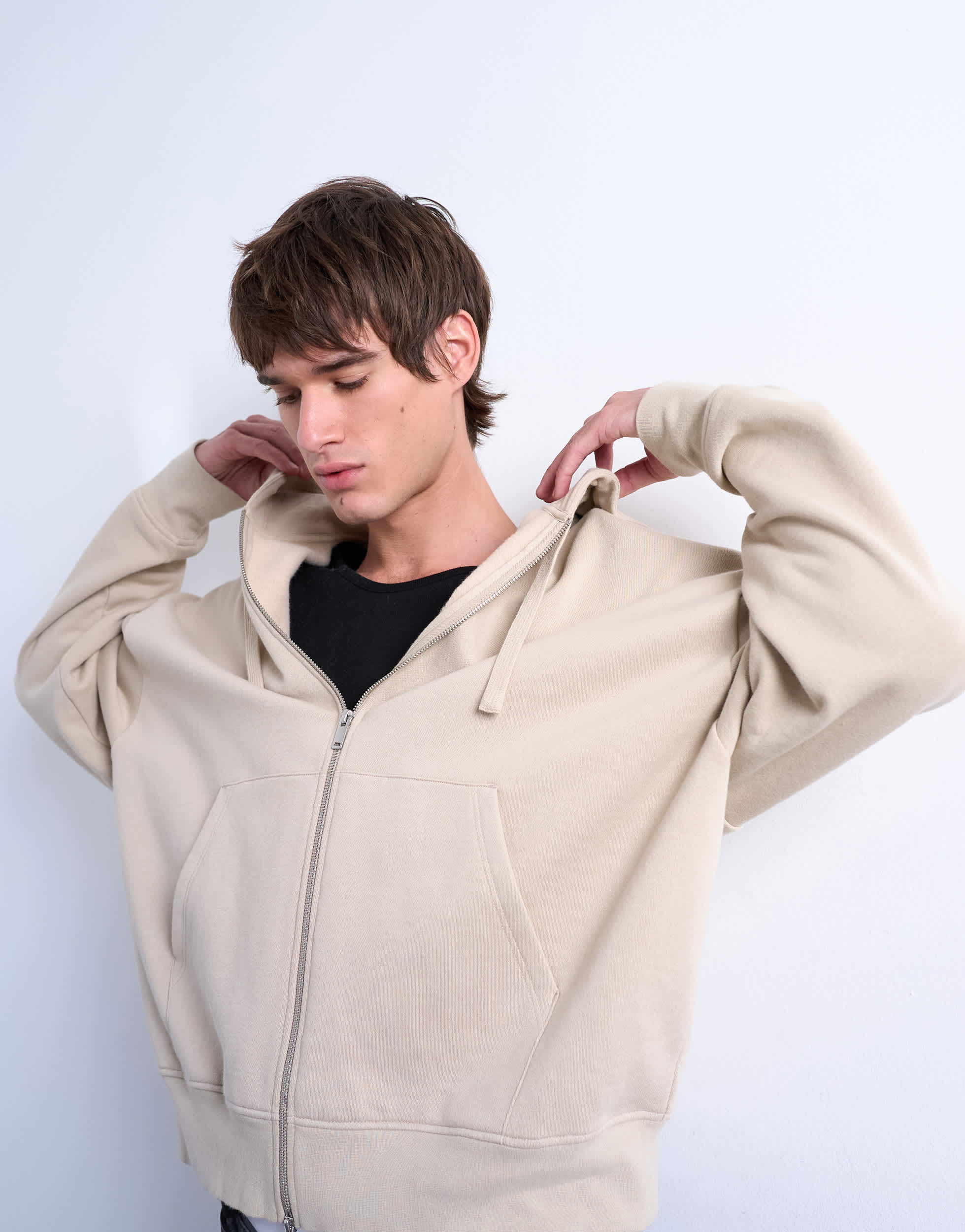 Sweat à capuche zippé coupe oversize en molleton épais Topman coloris pierre claire