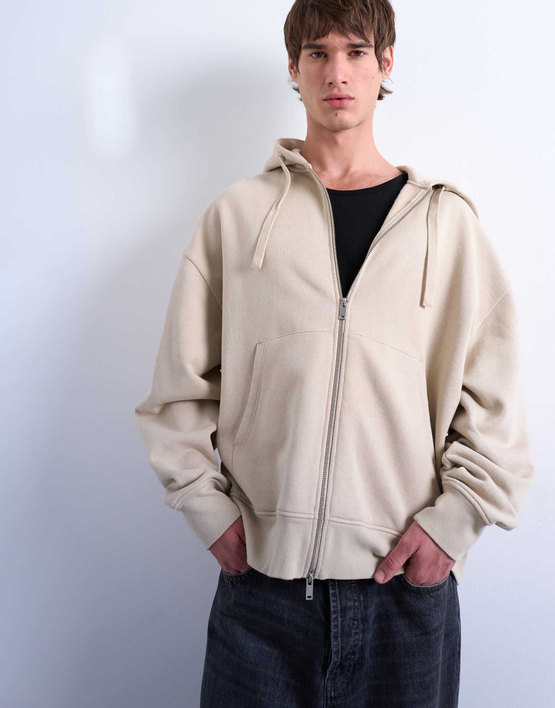 Topman heavyweight oversized fit zip through hoodie in light stone