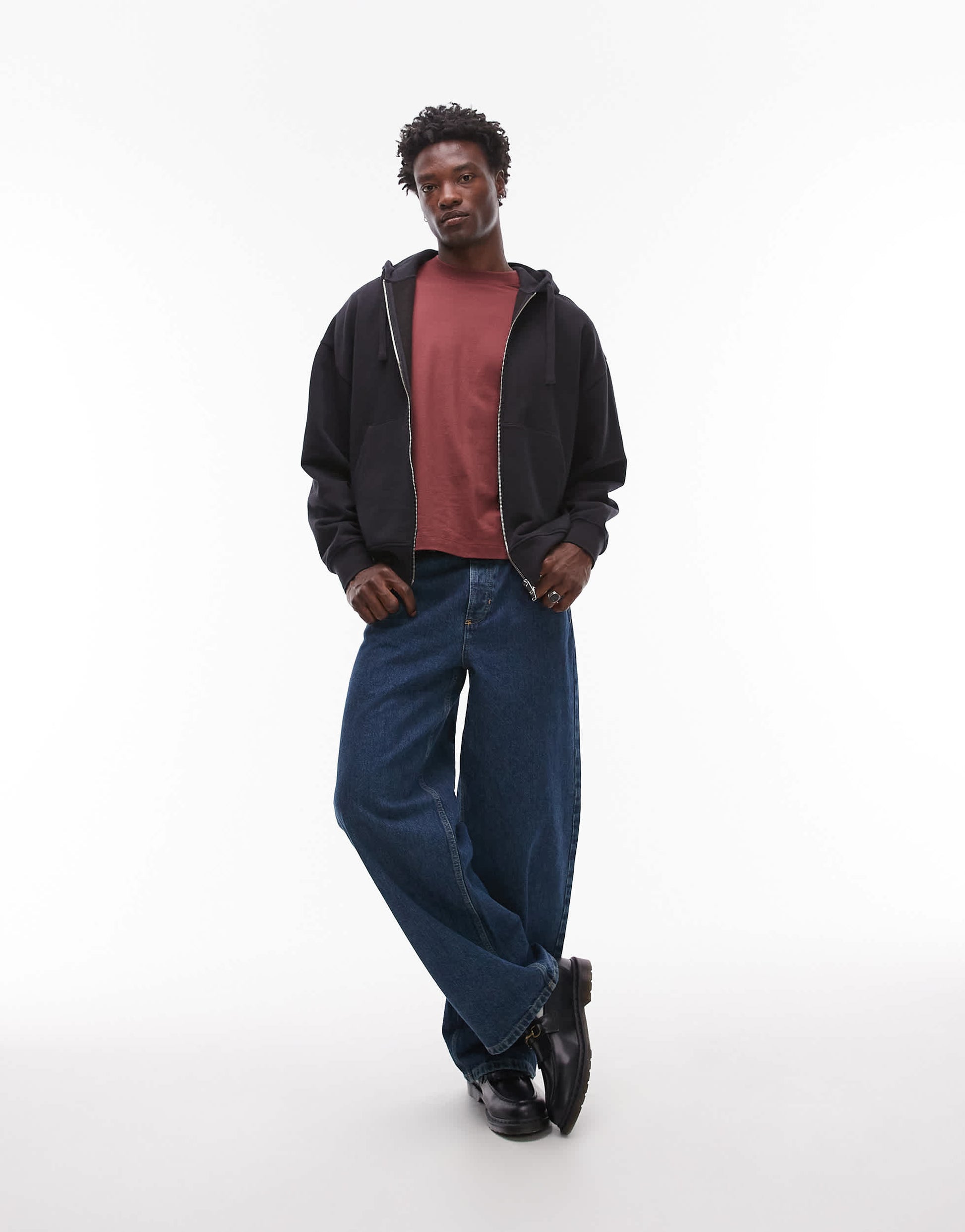 Topman heavyweight oversized fit zip through hoodie in black
