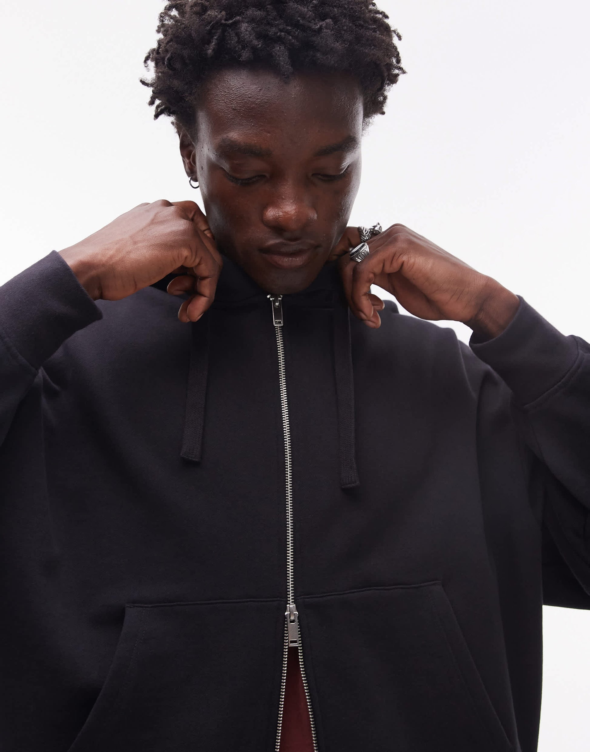 Topman heavyweight oversized fit zip through hoodie in black