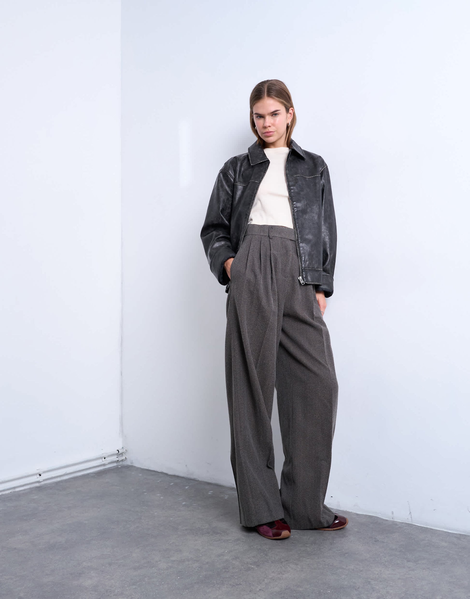 Topshop high waisted two pleat herringbone pleated front trouser in grey