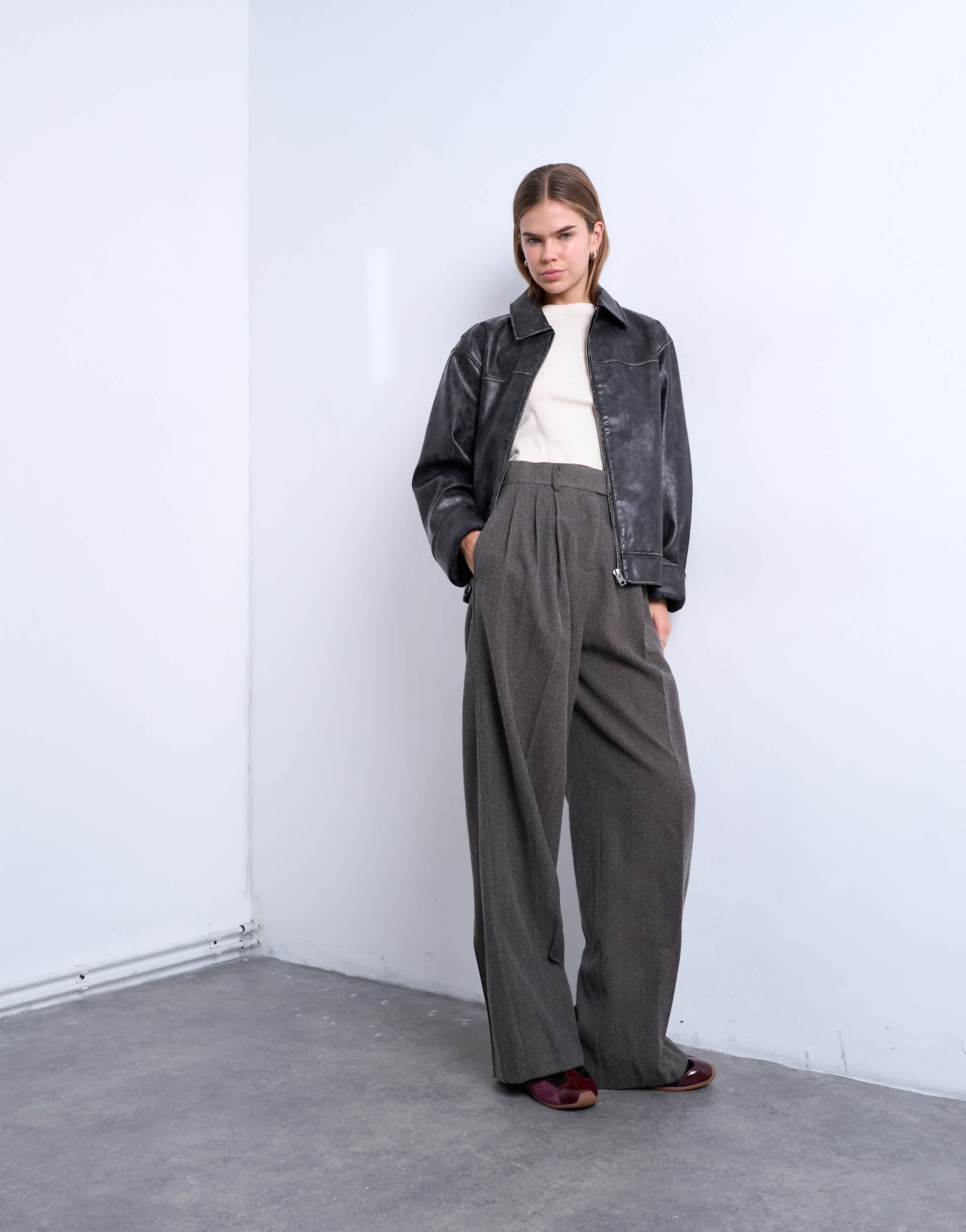 Topshop high waisted two pleat herringbone pleated front trouser in grey