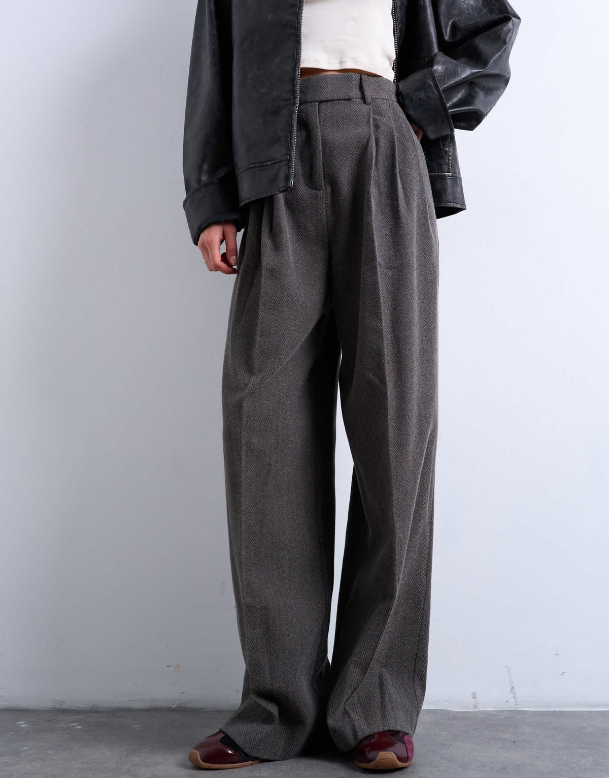 Topshop high waisted two pleat herringbone pleated front trouser in grey