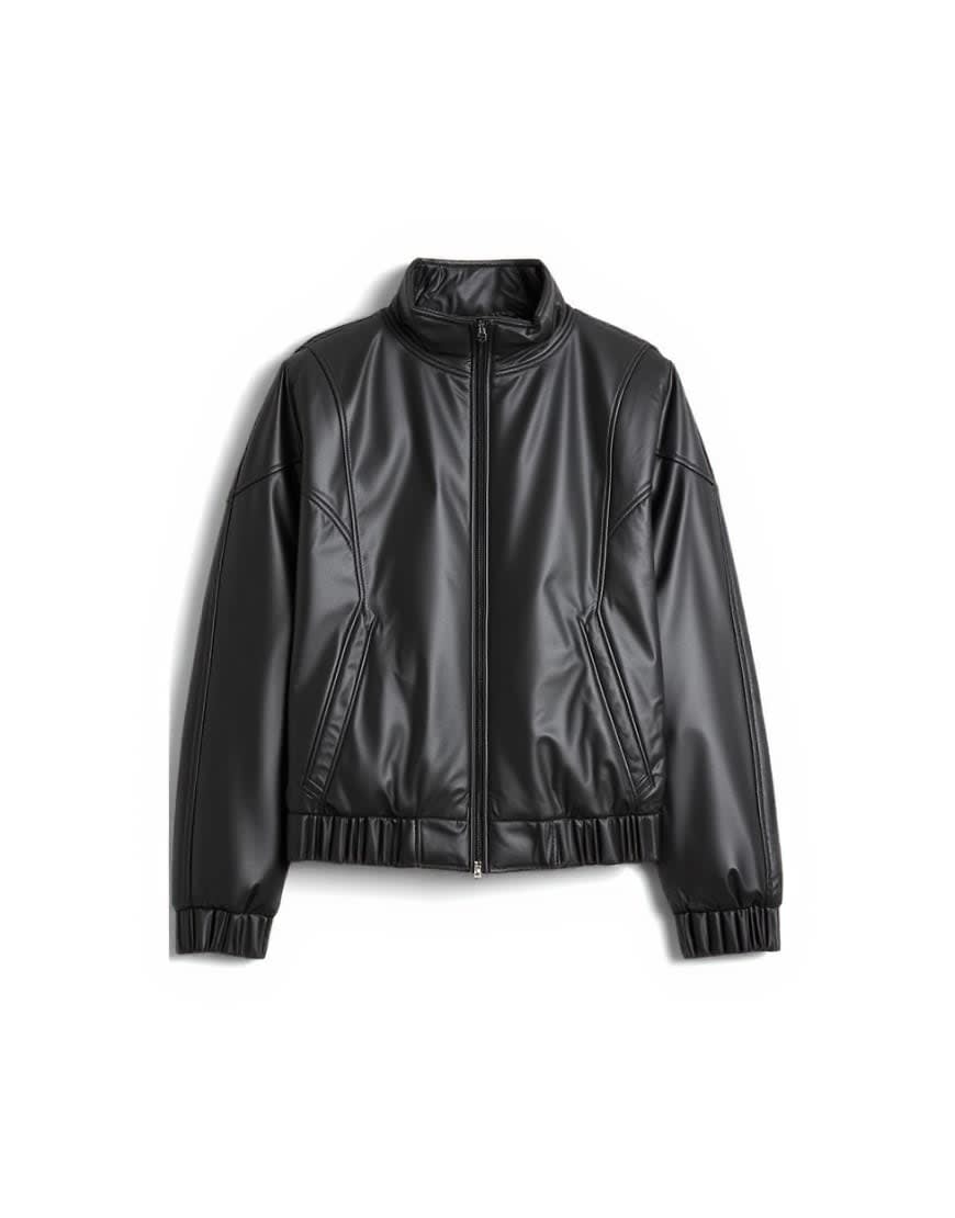 Topshop faux leather funnel padded seam detail bomber jacket in black