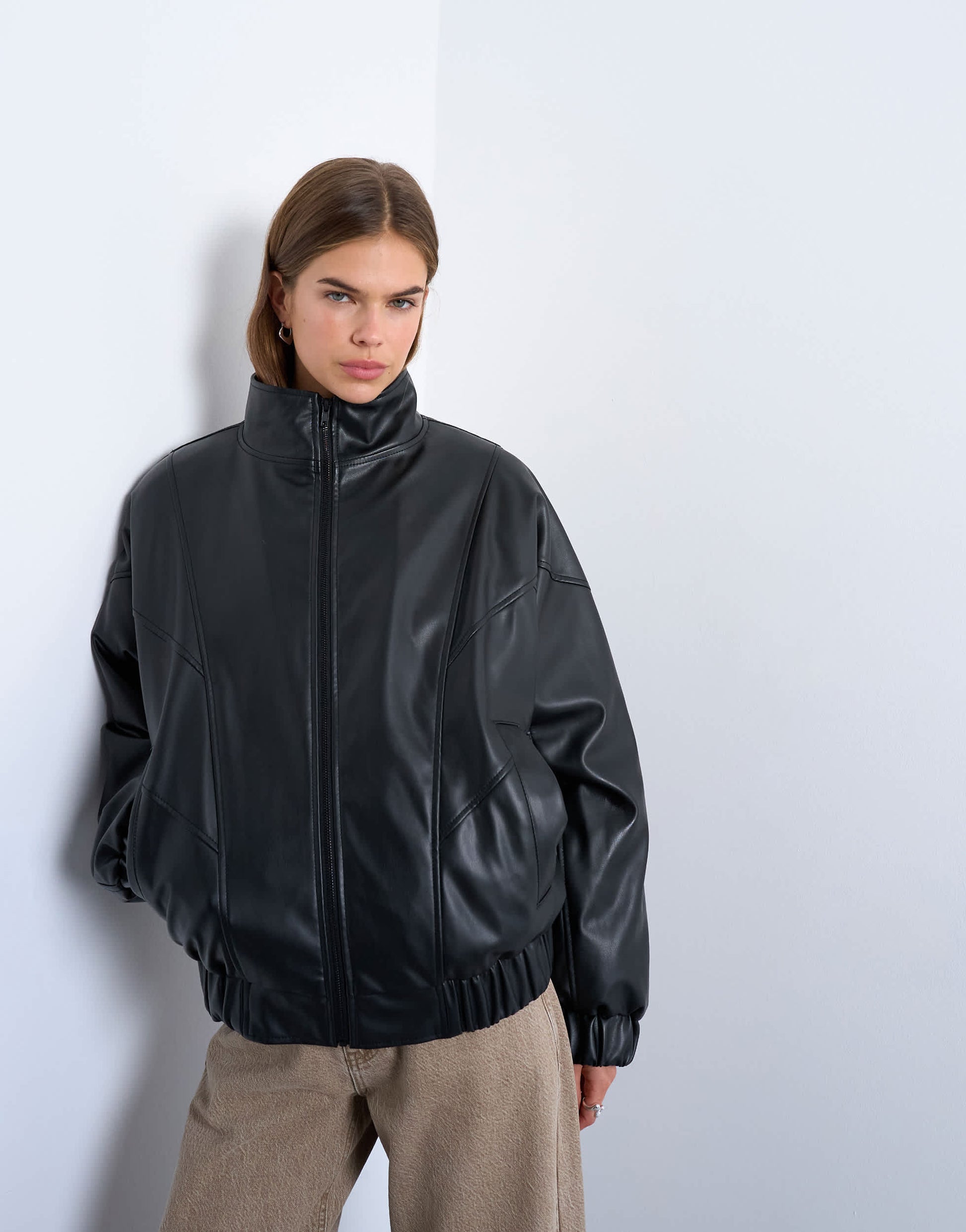 Topshop faux leather funnel padded seam detail bomber jacket in black