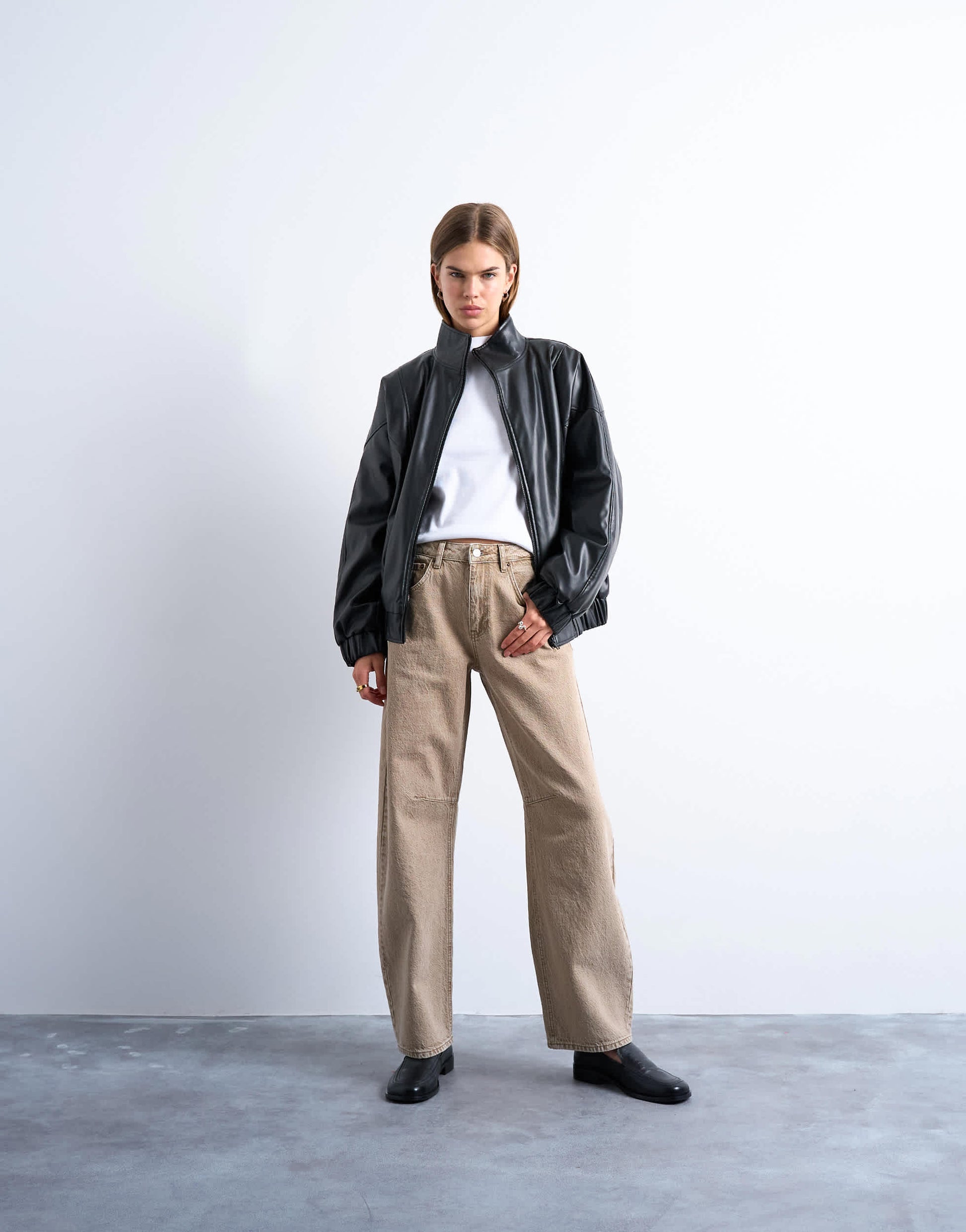 Topshop faux leather funnel padded seam detail bomber jacket in black