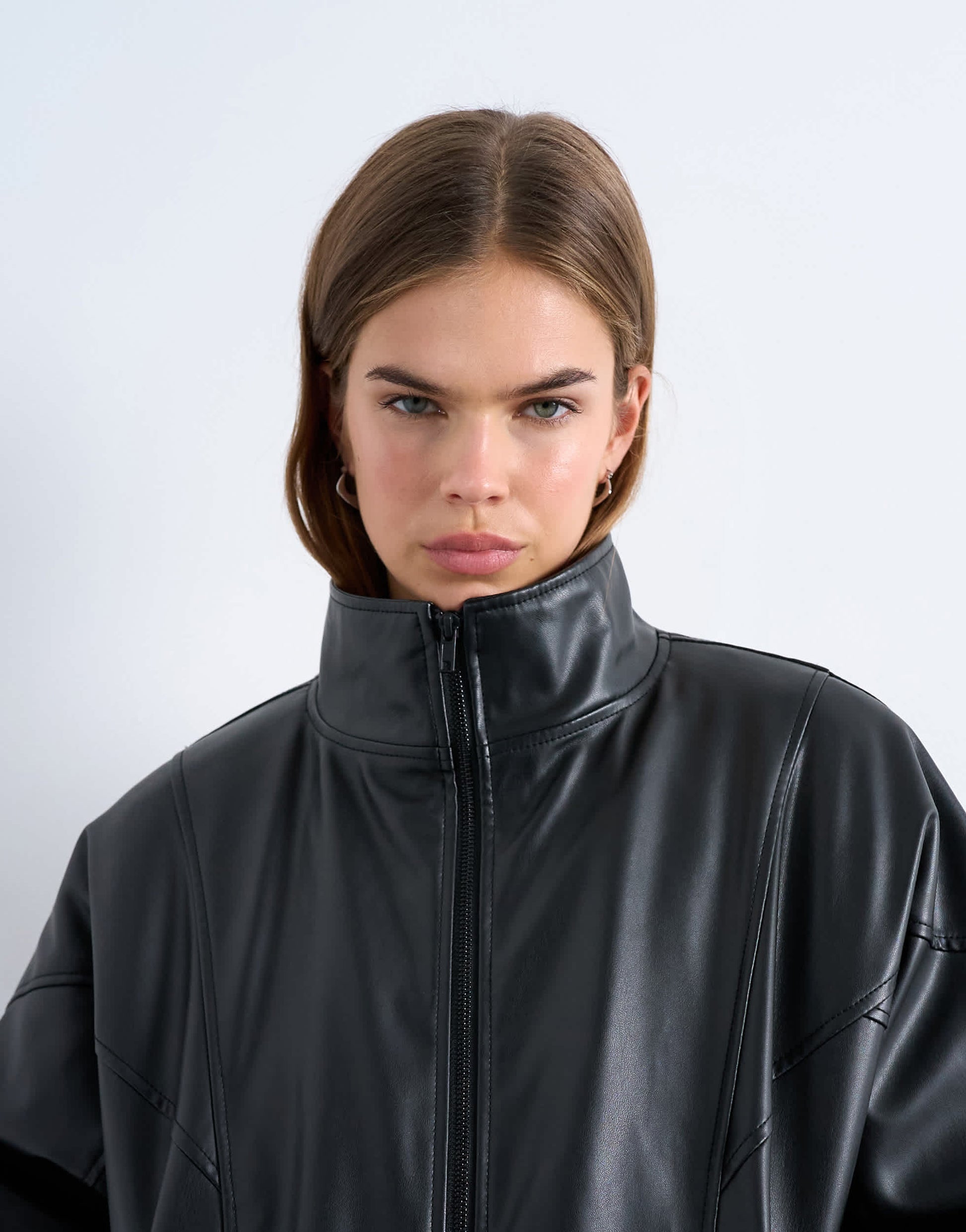Topshop faux leather funnel padded seam detail bomber jacket in black