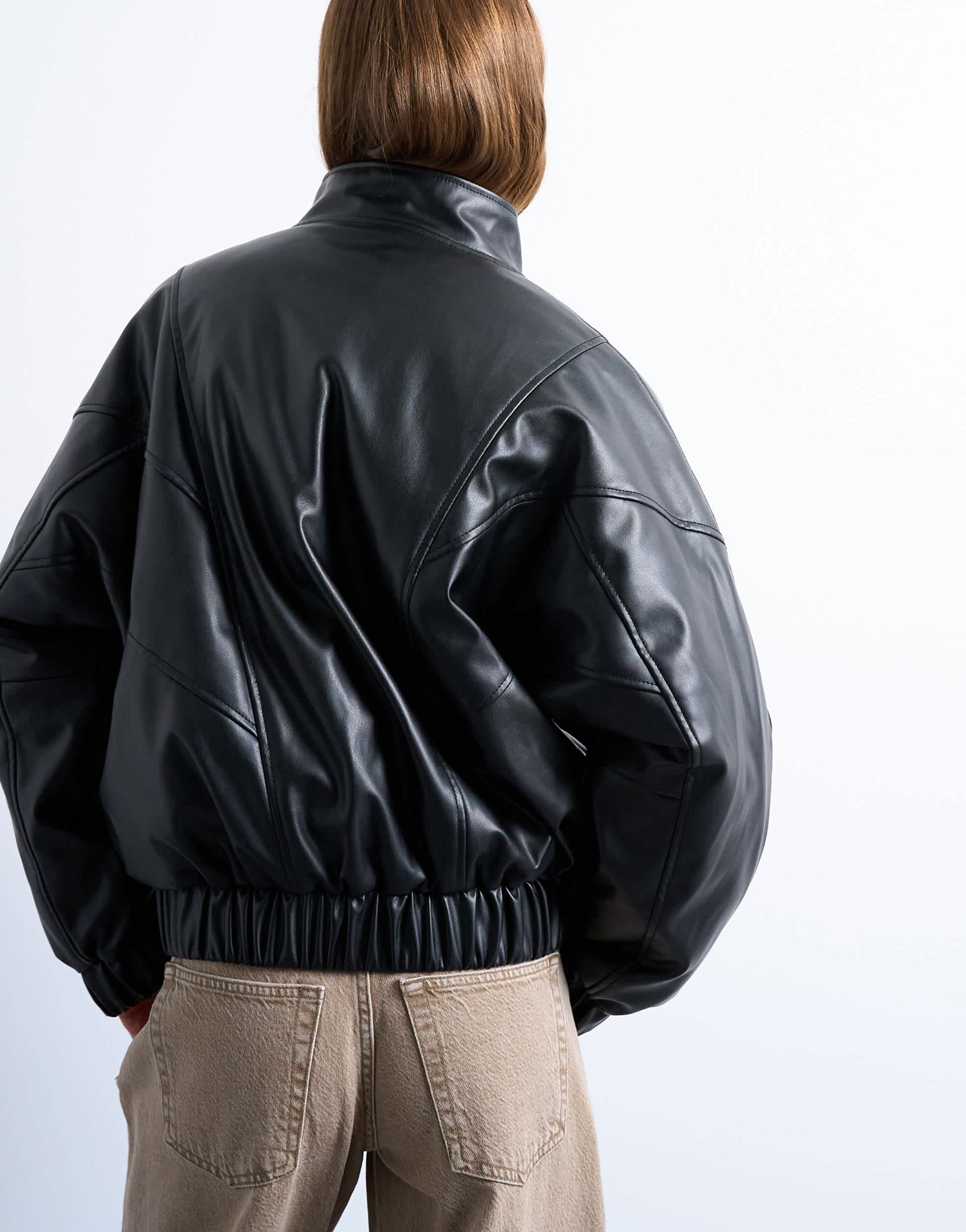 Topshop faux leather funnel padded seam detail bomber jacket in black