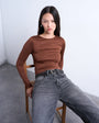 Topshop slinky crew neck long sleeve top in brown