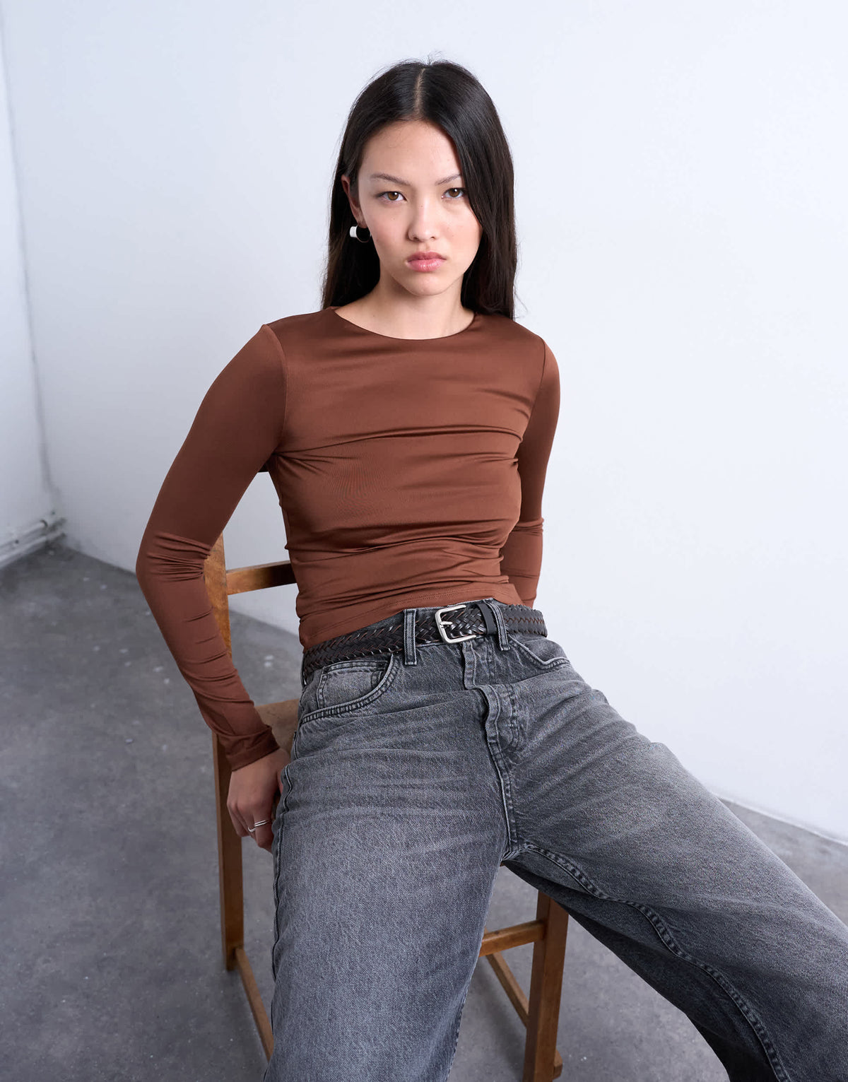 Topshop slinky crew neck long sleeve top in brown