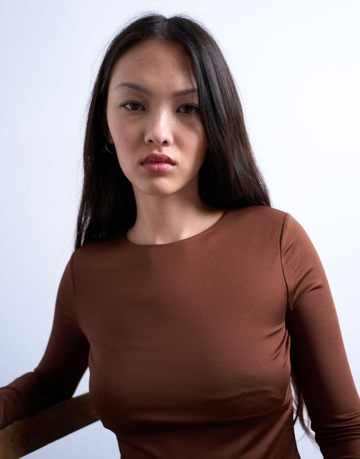Topshop slinky crew neck long sleeve top in brown