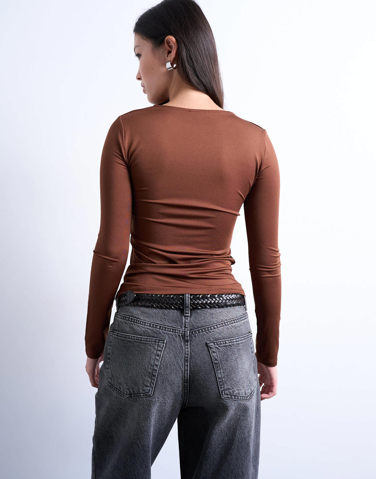 Topshop slinky crew neck long sleeve top in brown