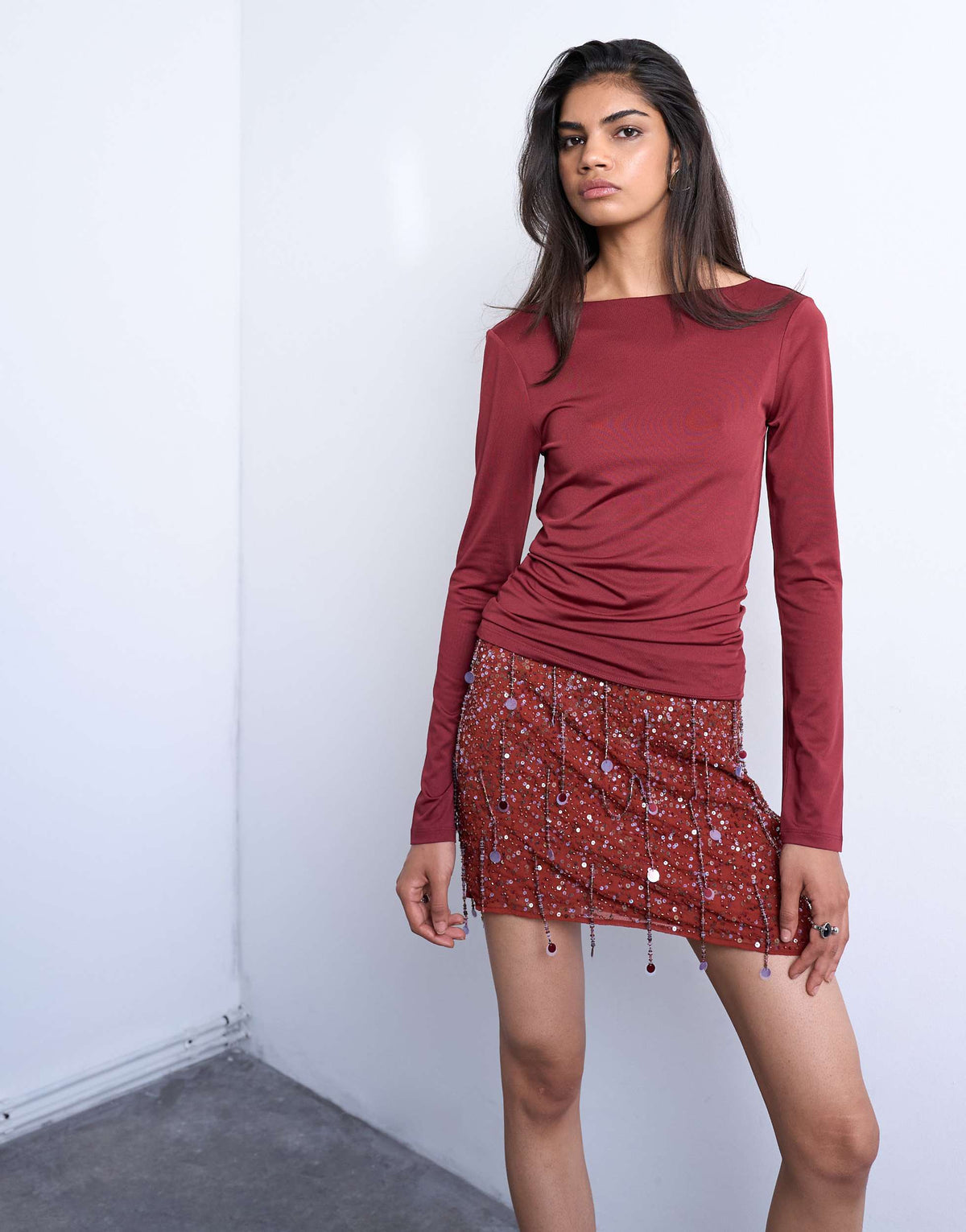Topshop slinky scoop back long sleeve top in dark red