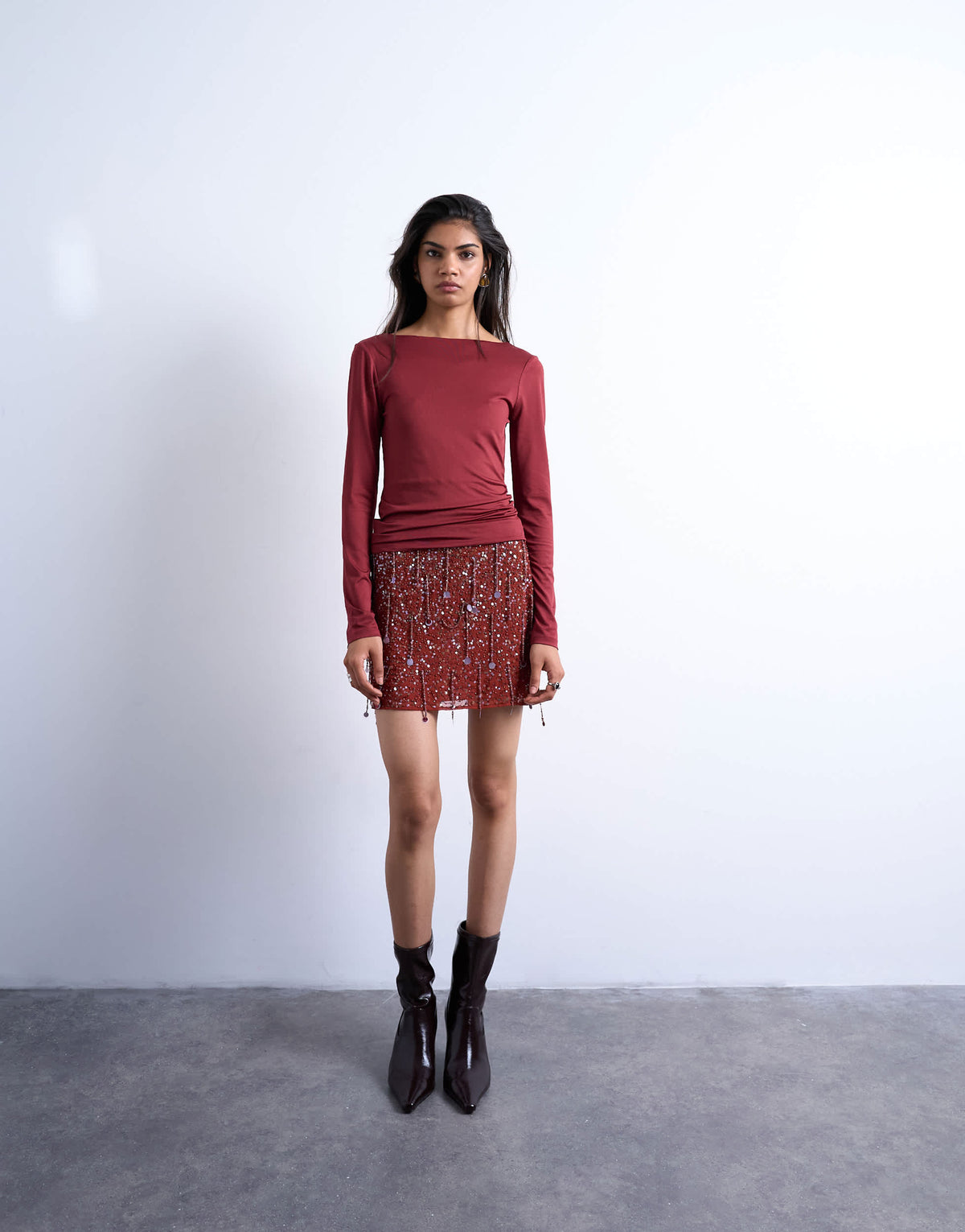 Topshop slinky scoop back long sleeve top in dark red