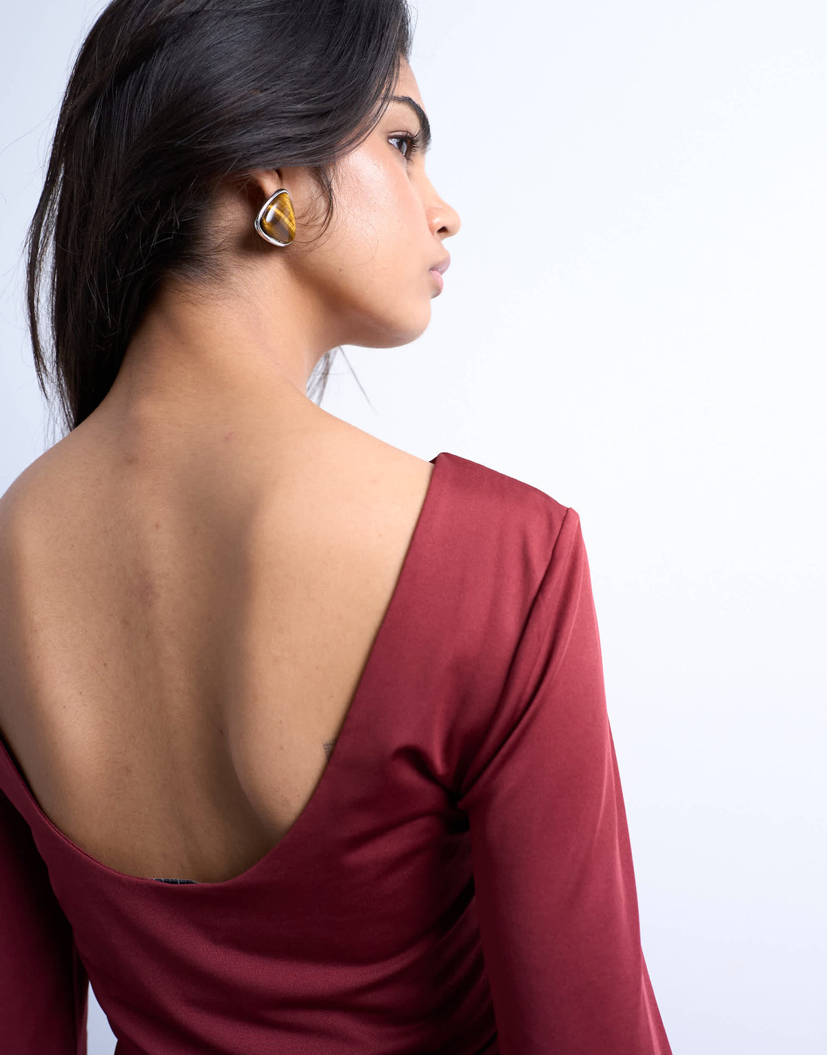 Topshop slinky scoop back long sleeve top in dark red