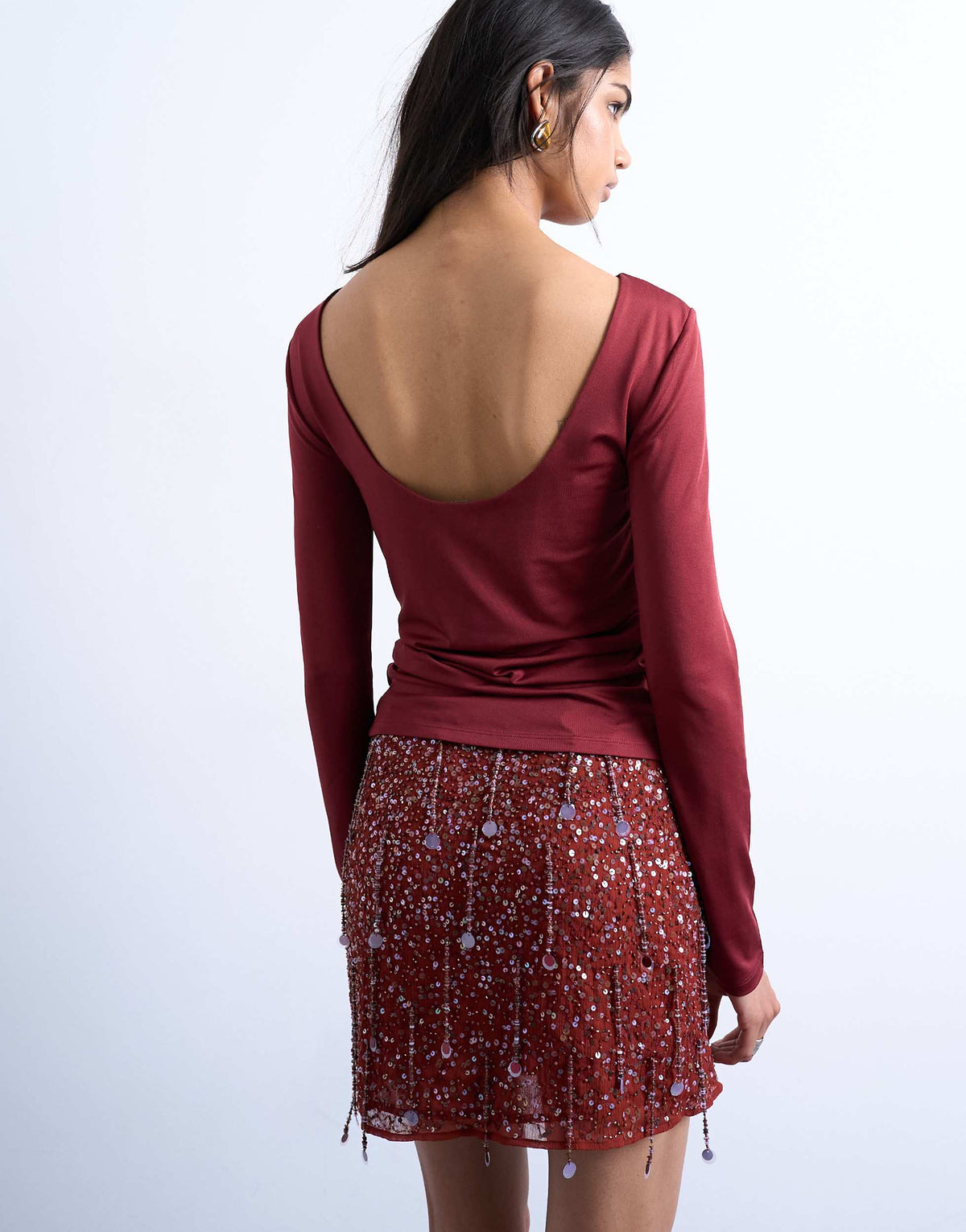 Topshop slinky scoop back long sleeve top in dark red