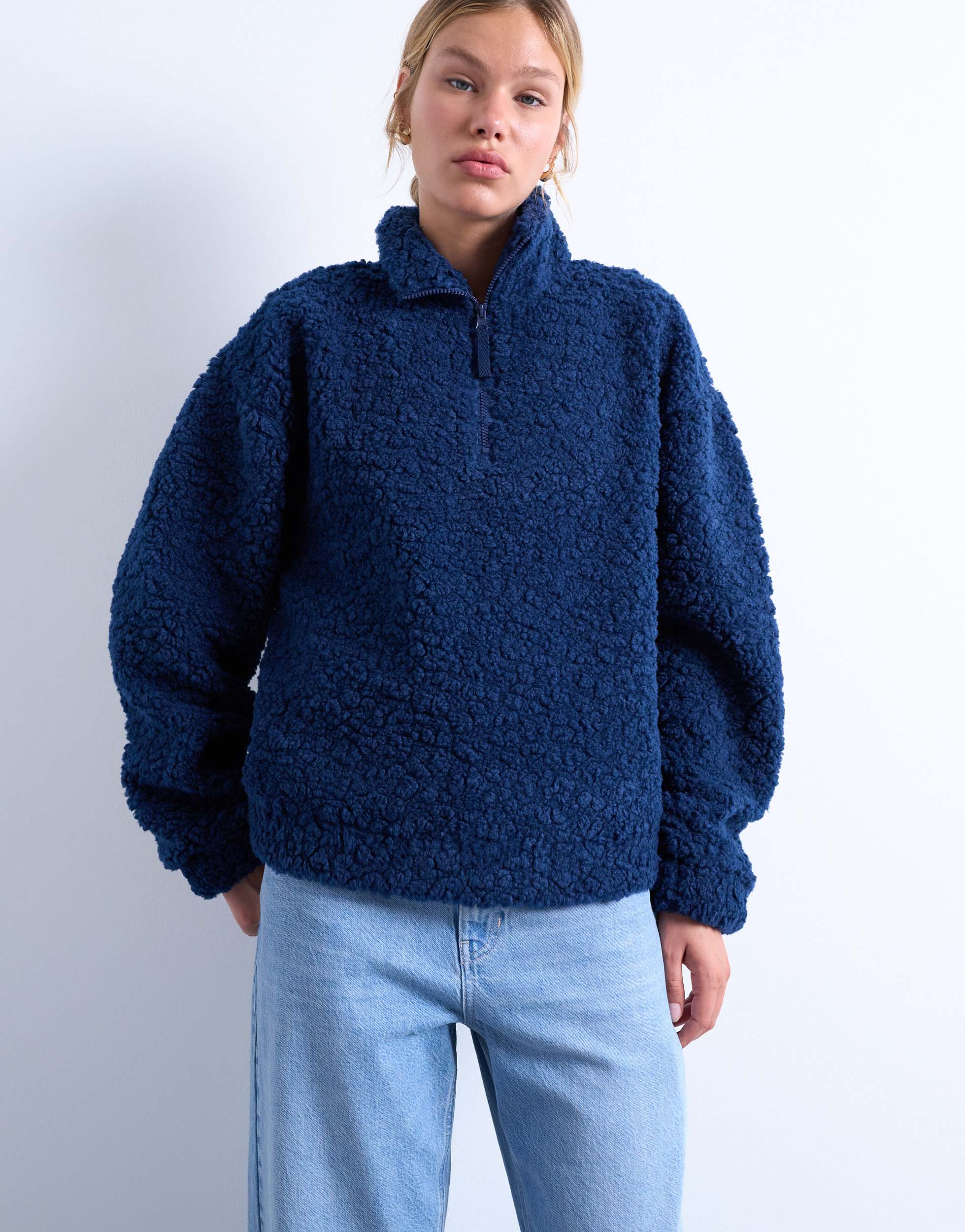 Topshop borg quarter zip top in navy