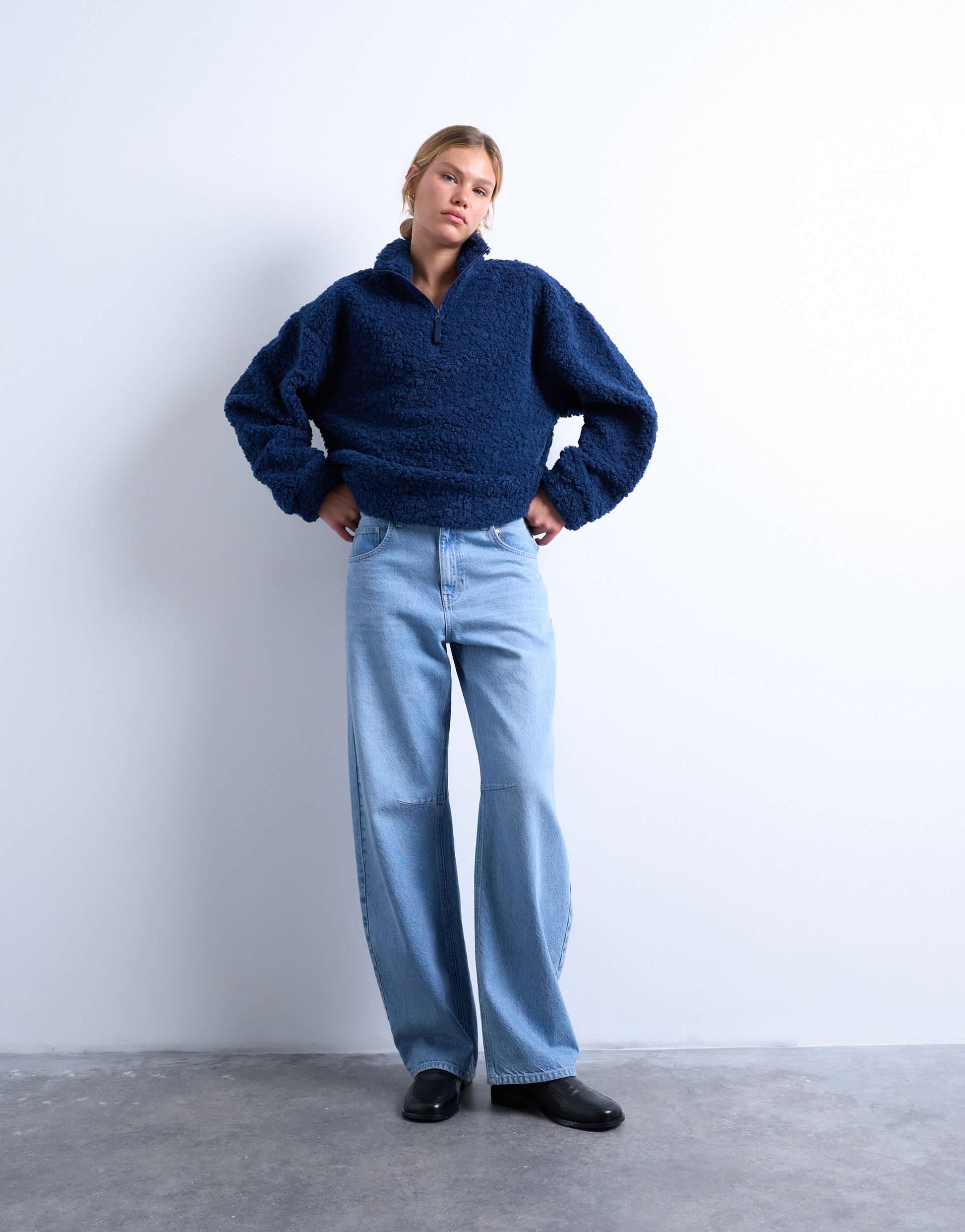 Topshop borg quarter zip top in navy