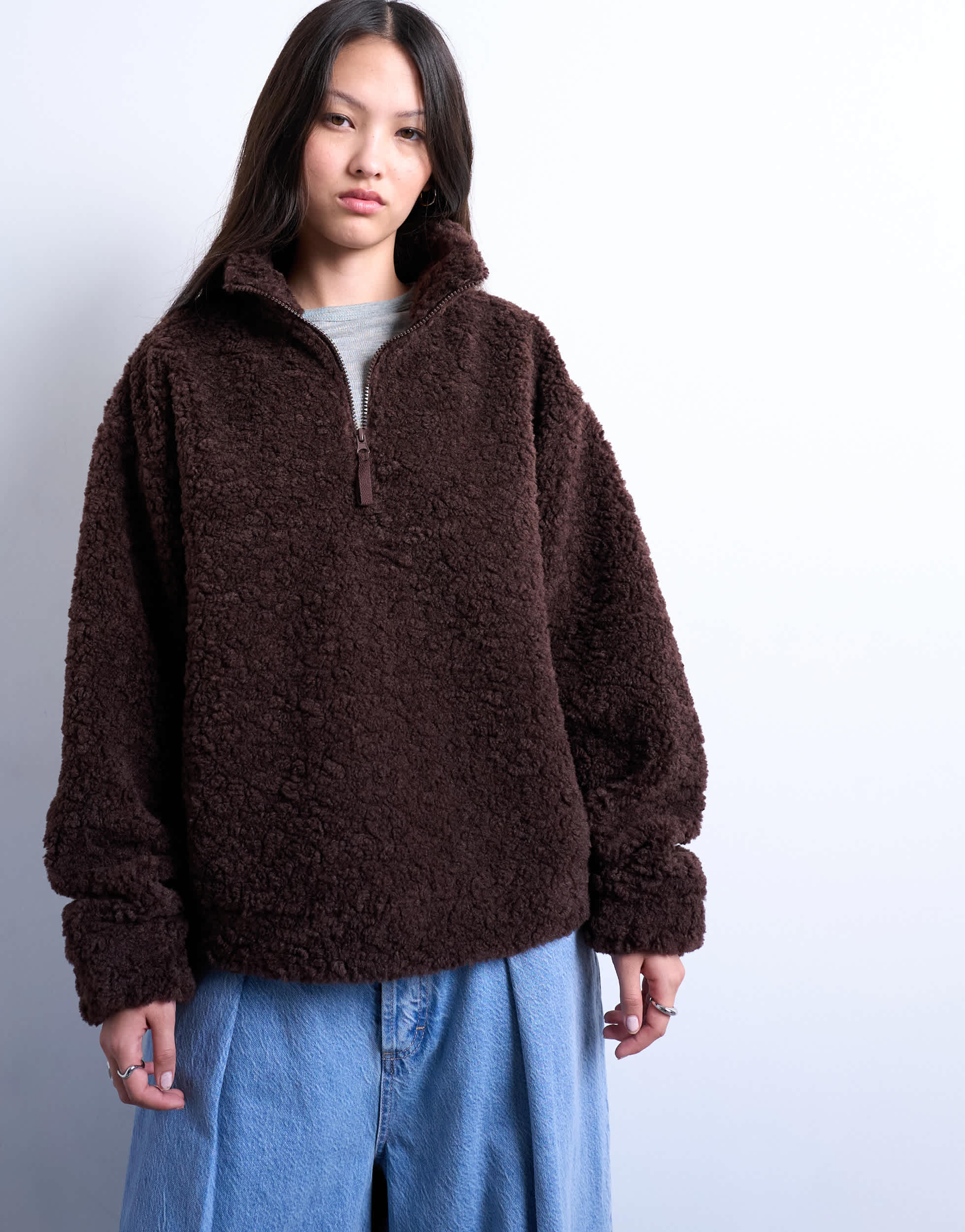 Topshop borg quarter zip top in dark brown