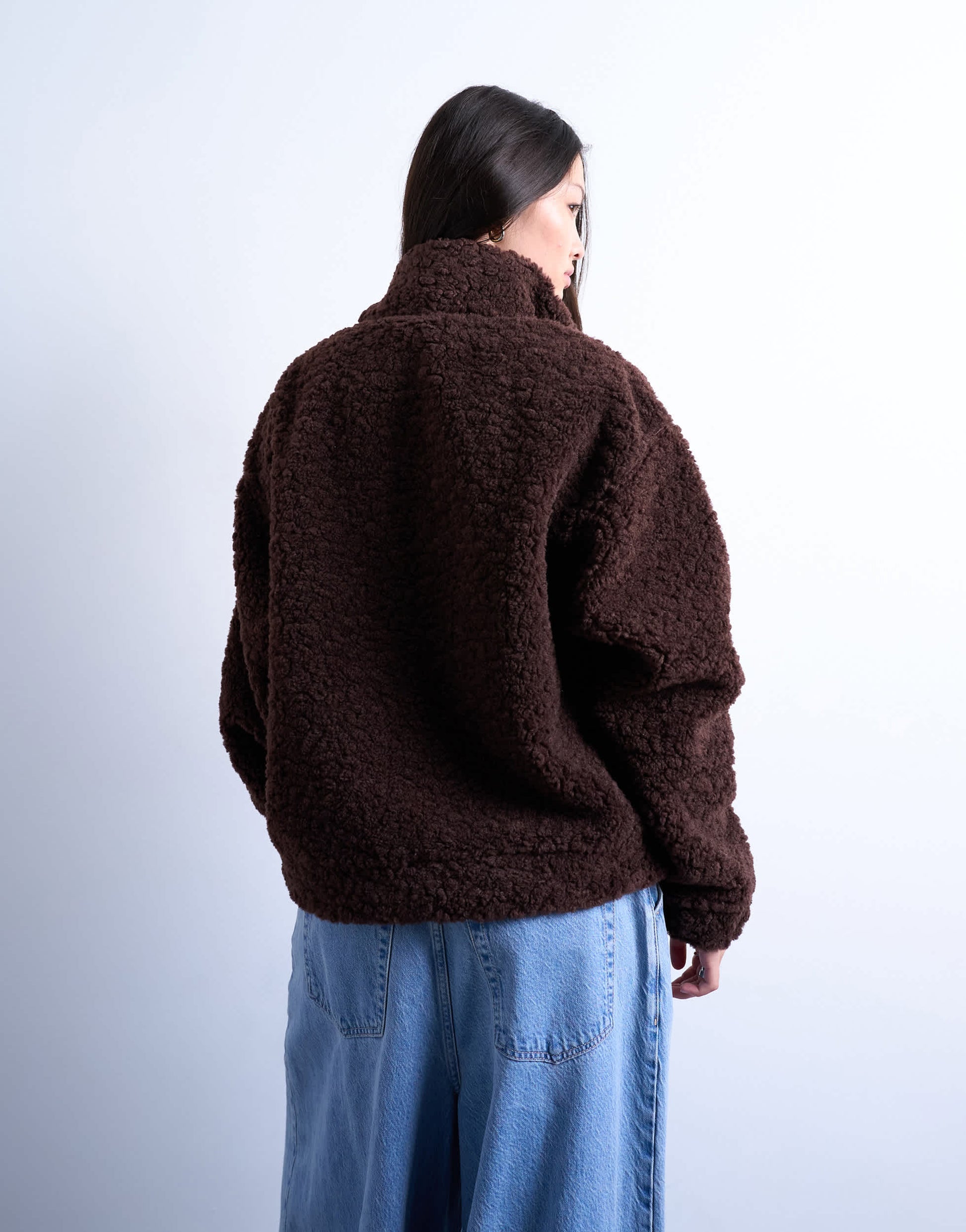 Topshop borg quarter zip top in dark brown