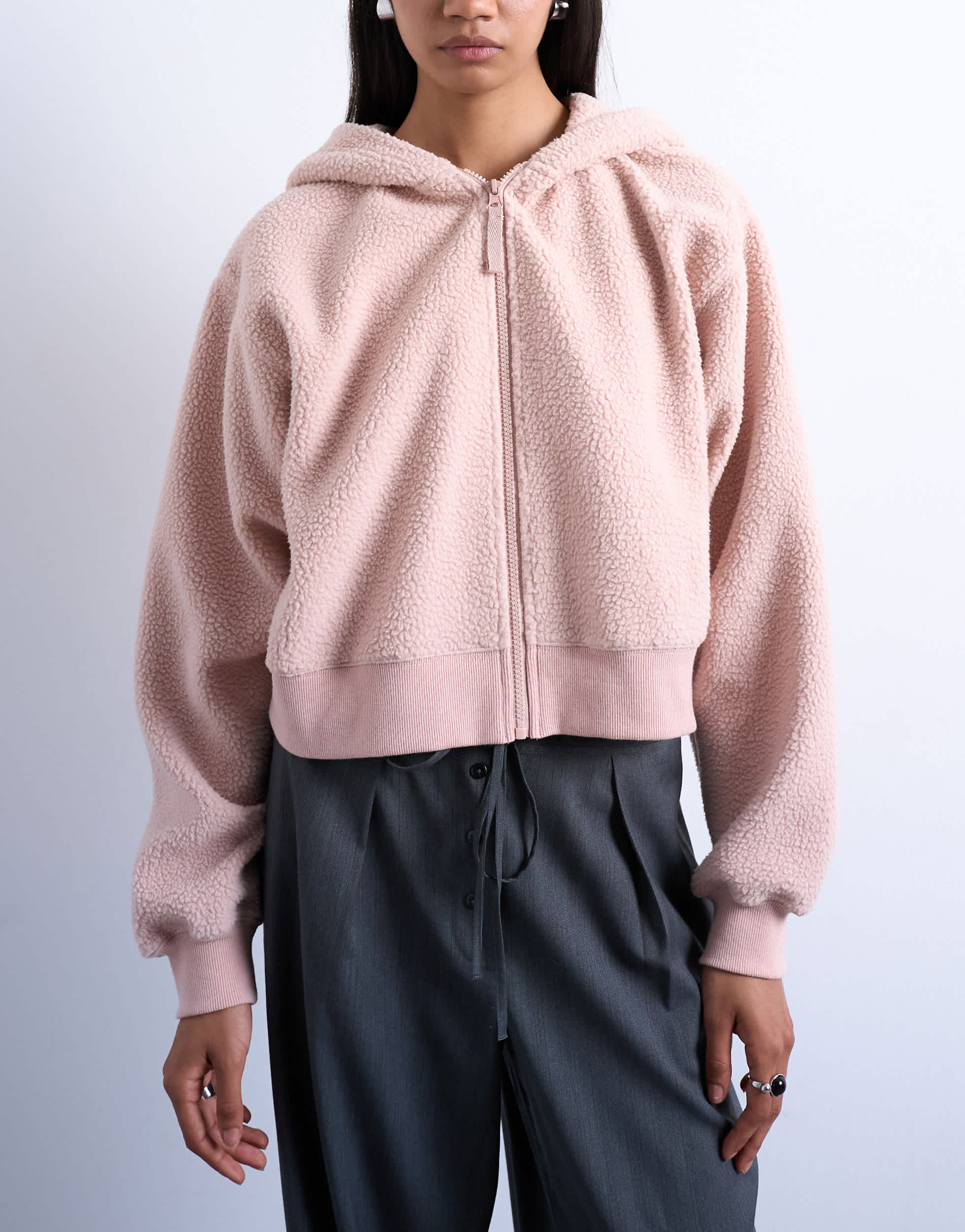 Sweat à capuche zippé Topshop Borg rose
