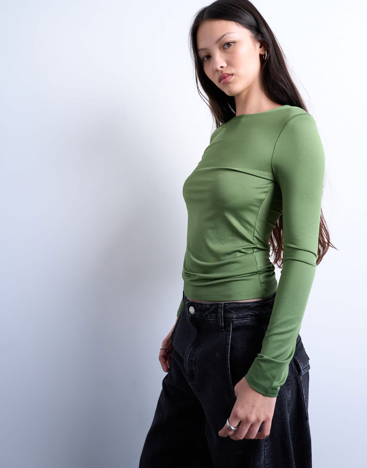 Topshop slinky crew neck long sleeve top in khaki