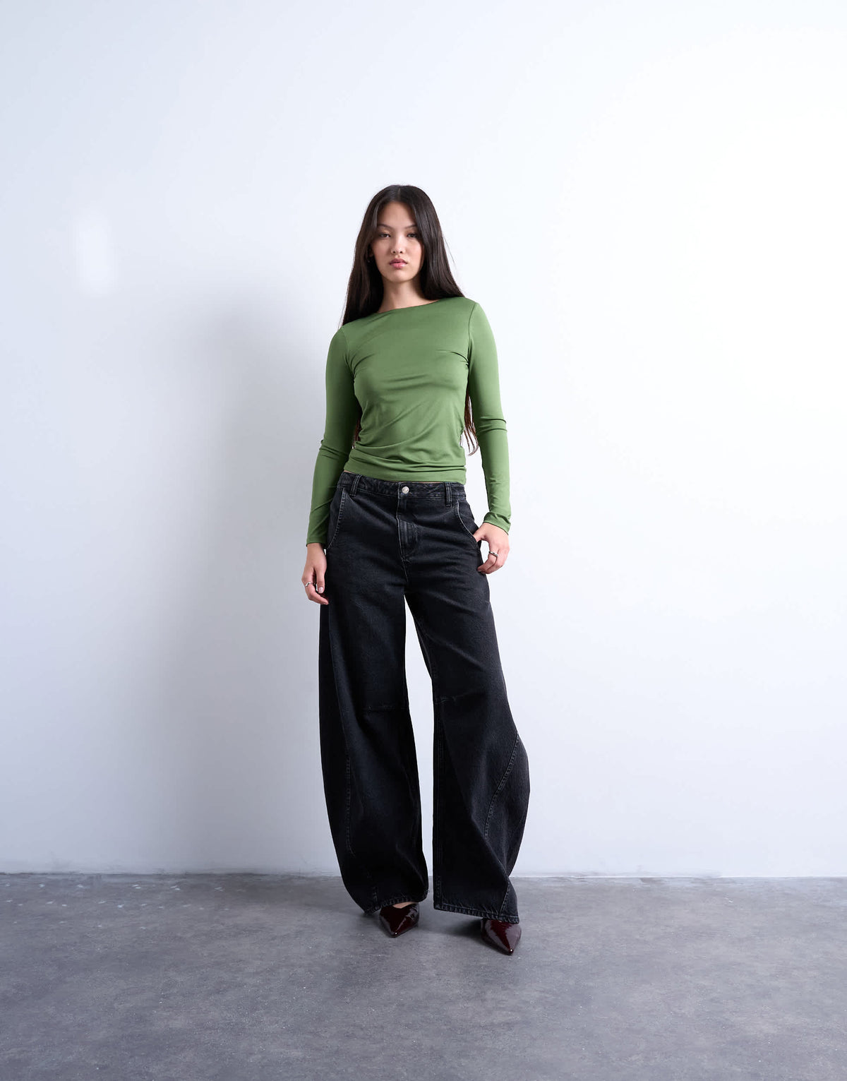 Topshop slinky crew neck long sleeve top in khaki