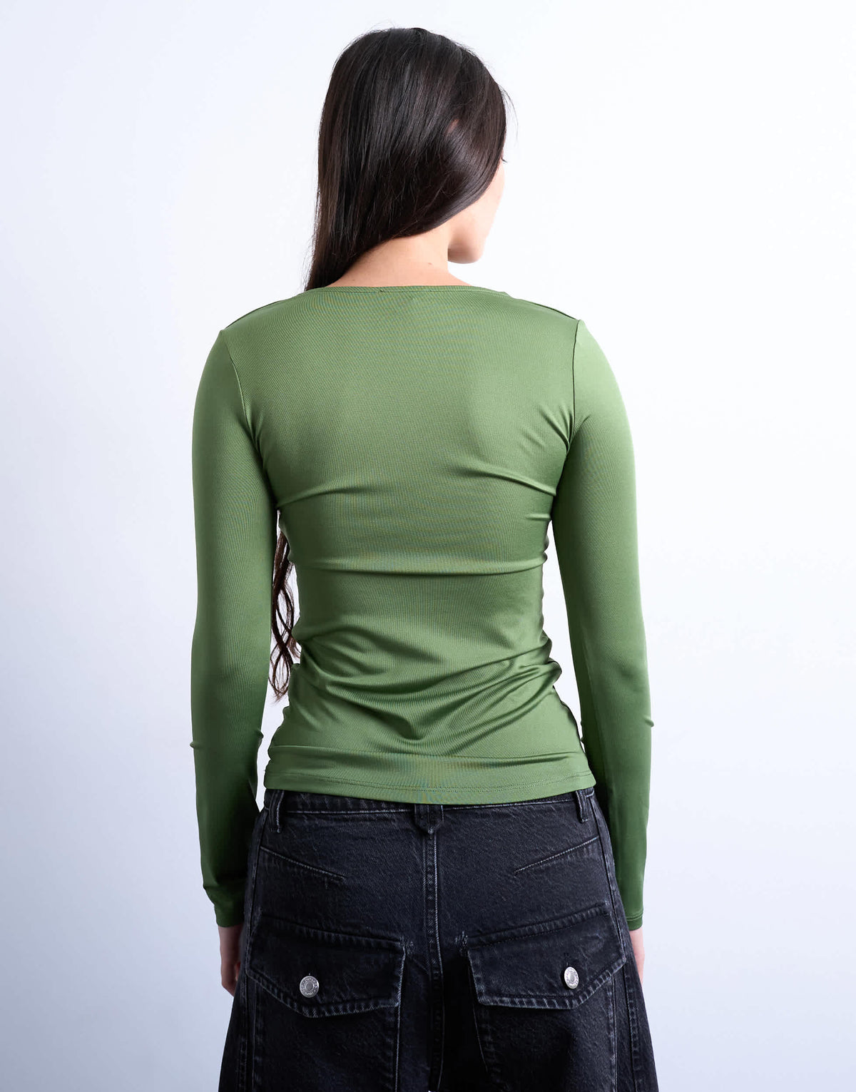 Topshop slinky crew neck long sleeve top in khaki