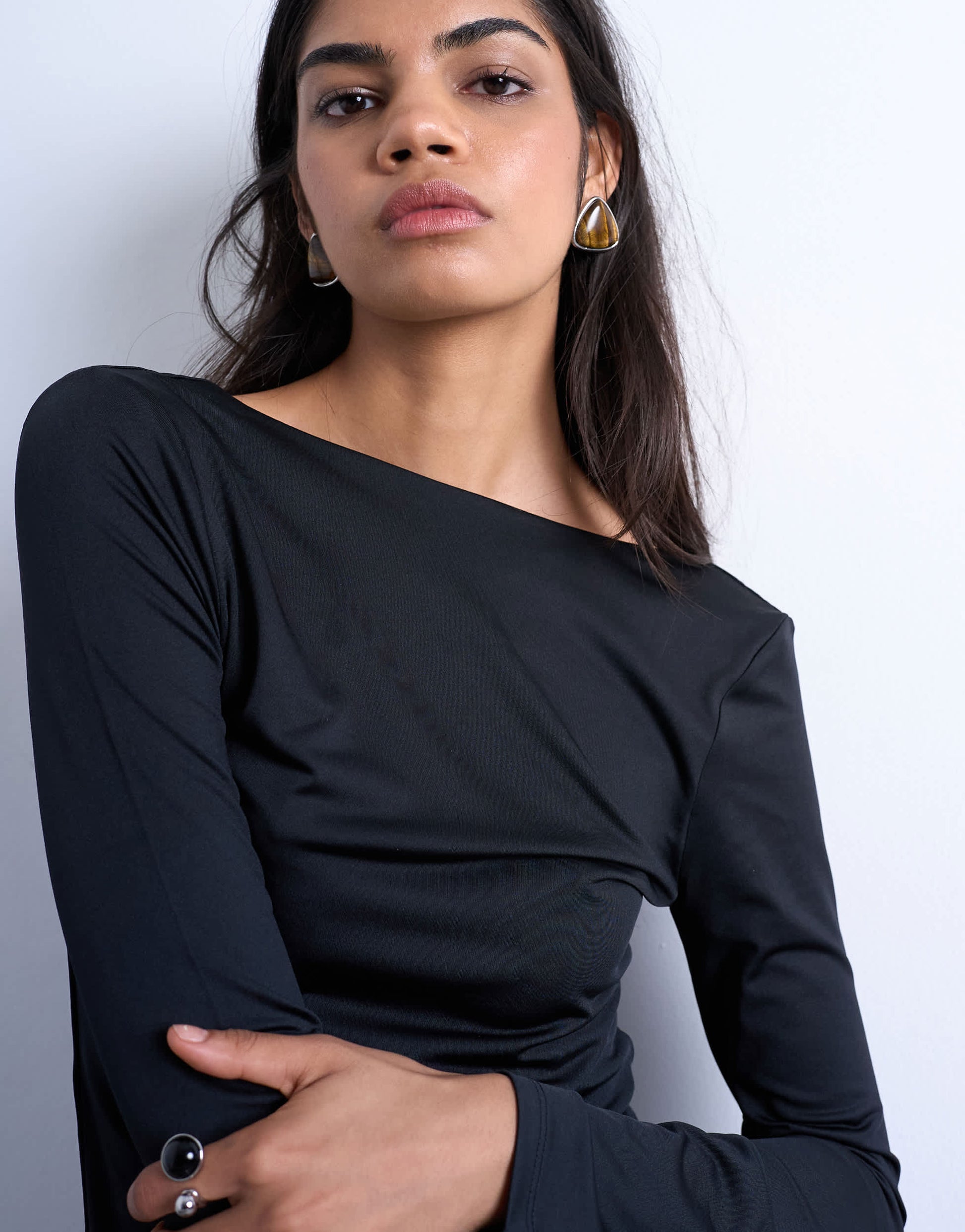 Topshop slinky scoop back long sleeve top in black