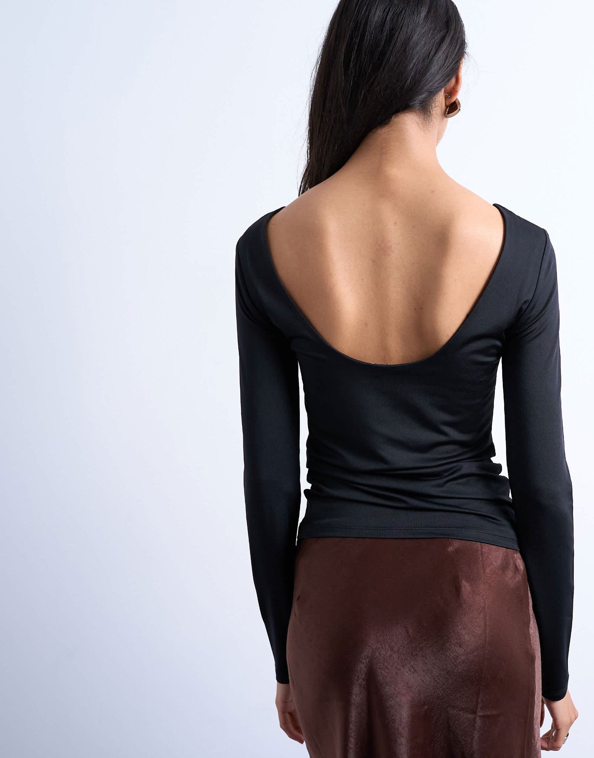 Topshop slinky scoop back long sleeve top in black