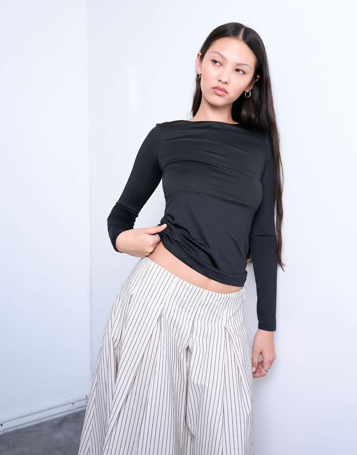 Topshop slinky crew neck long sleeve top in black