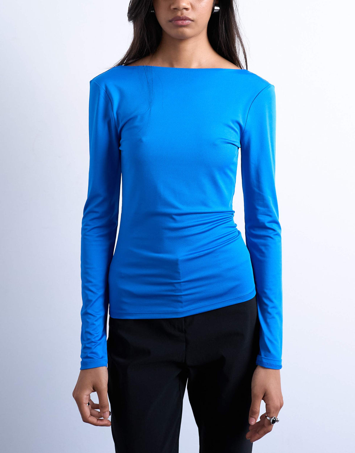 Topshop slinky scoop back long sleeve top in cobalt blue