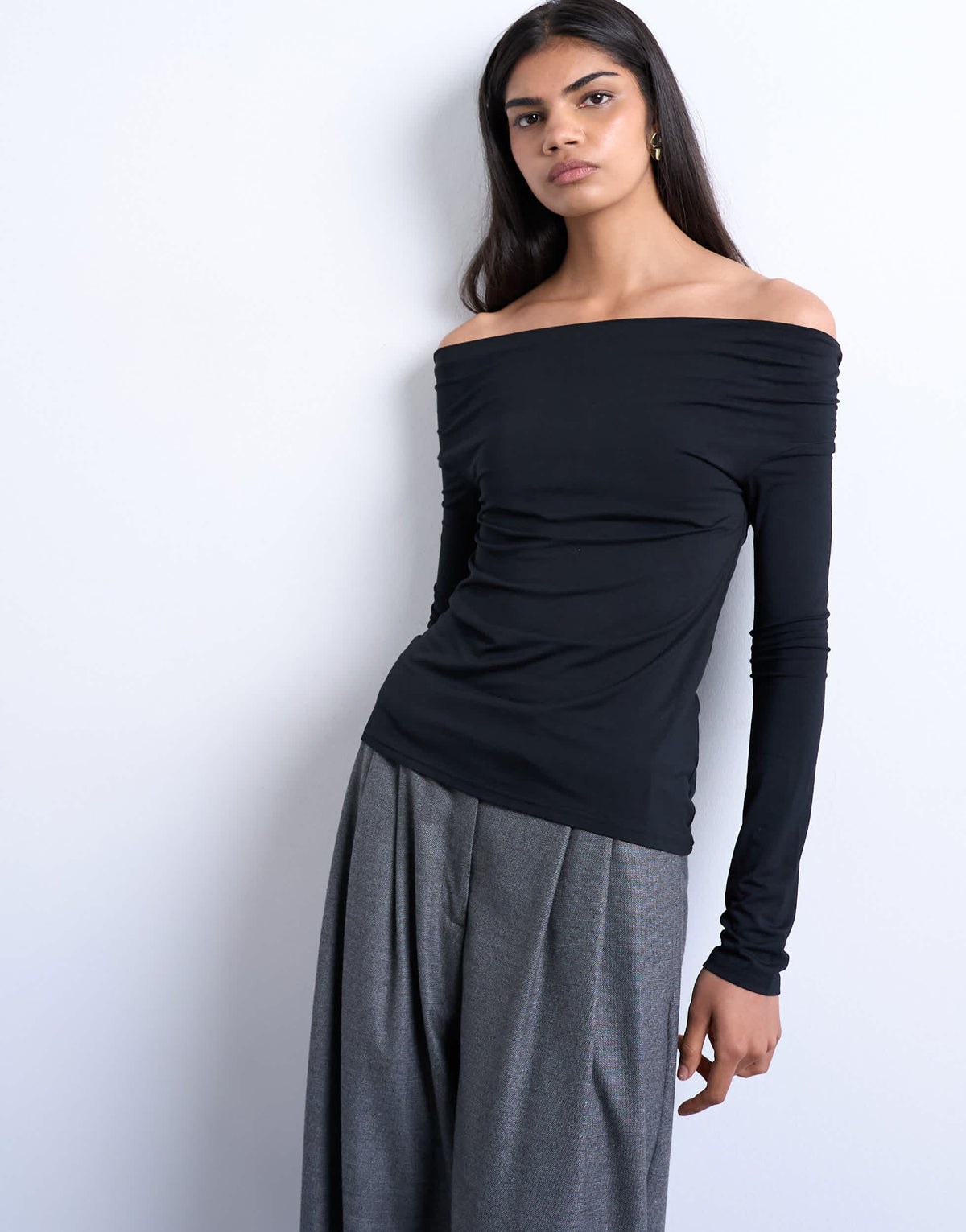 Topshop long sleeve bardot top in black