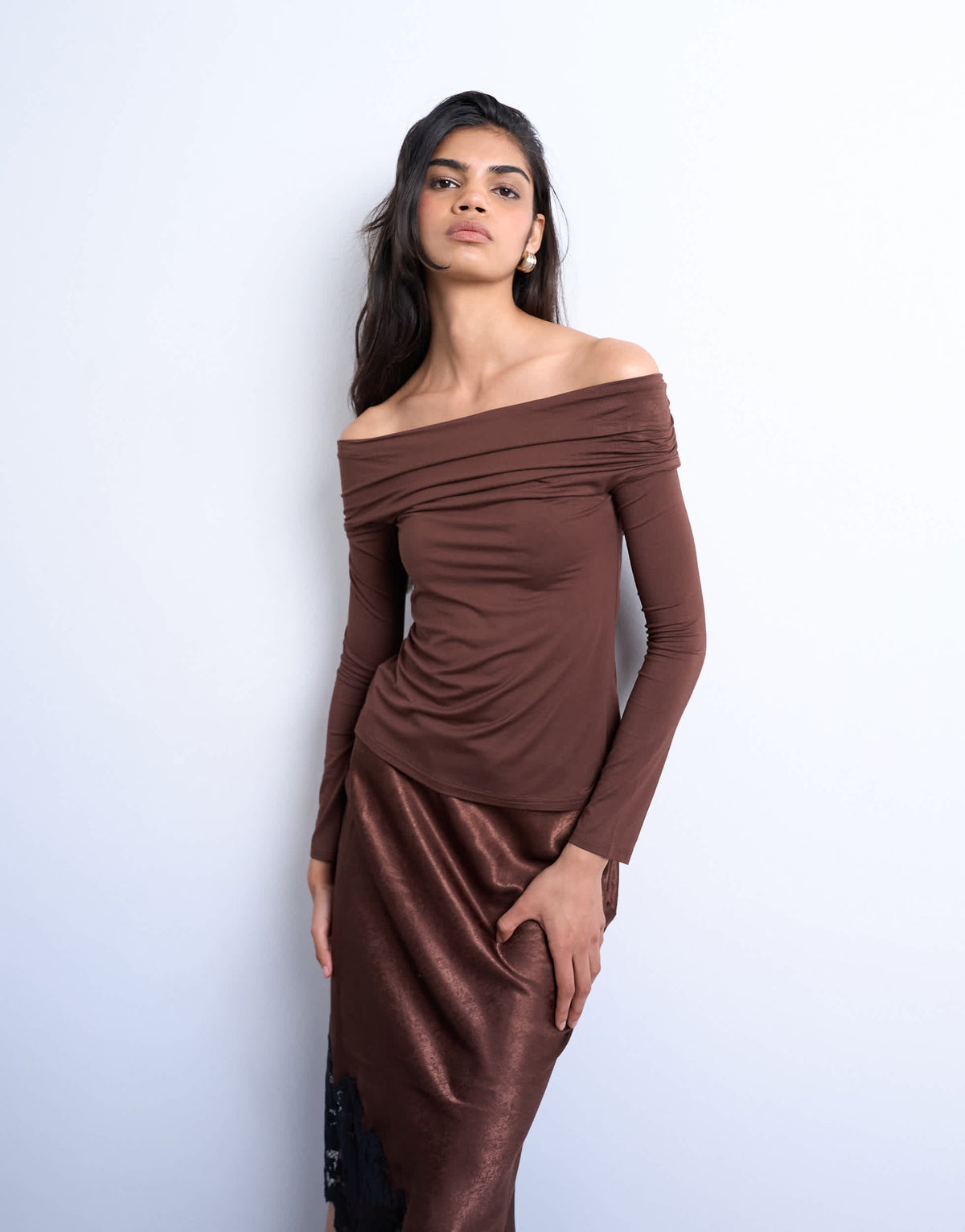 Topshop long sleeve bardot top in brown