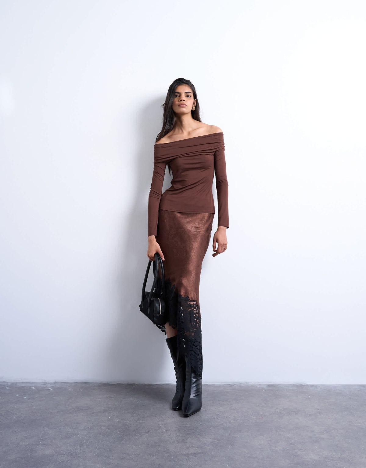 Topshop long sleeve bardot top in brown