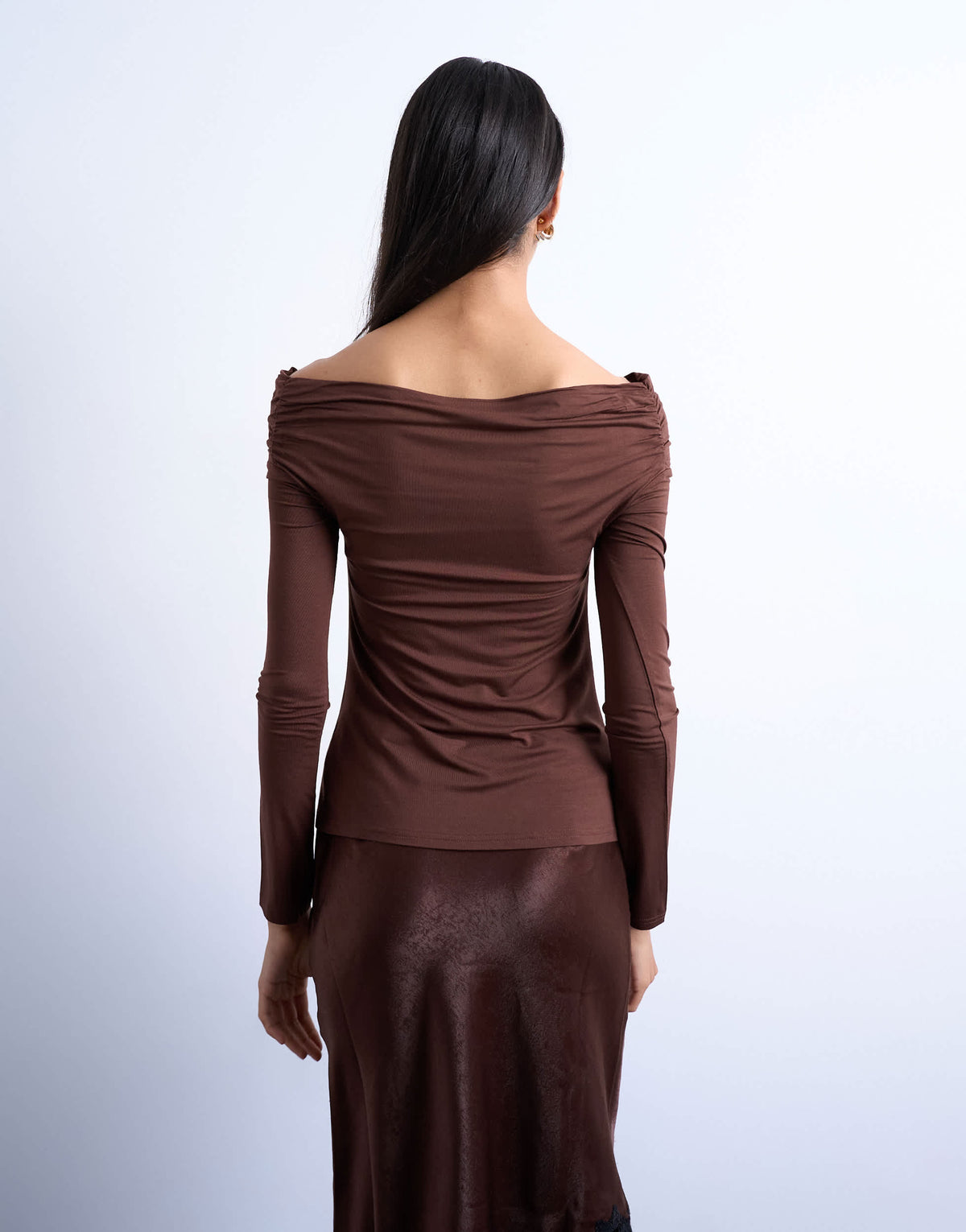 Topshop long sleeve bardot top in brown