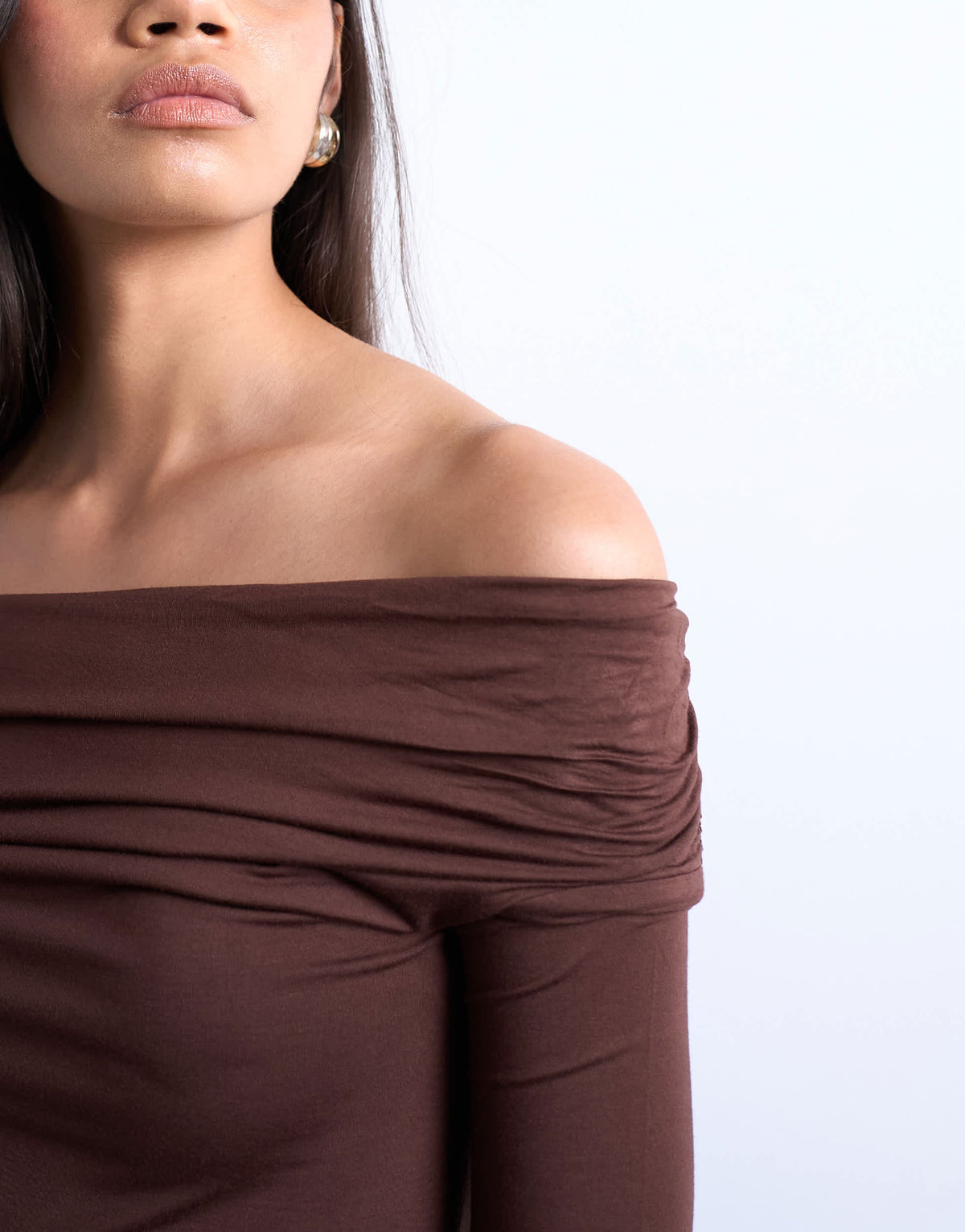 Topshop long sleeve bardot top in brown