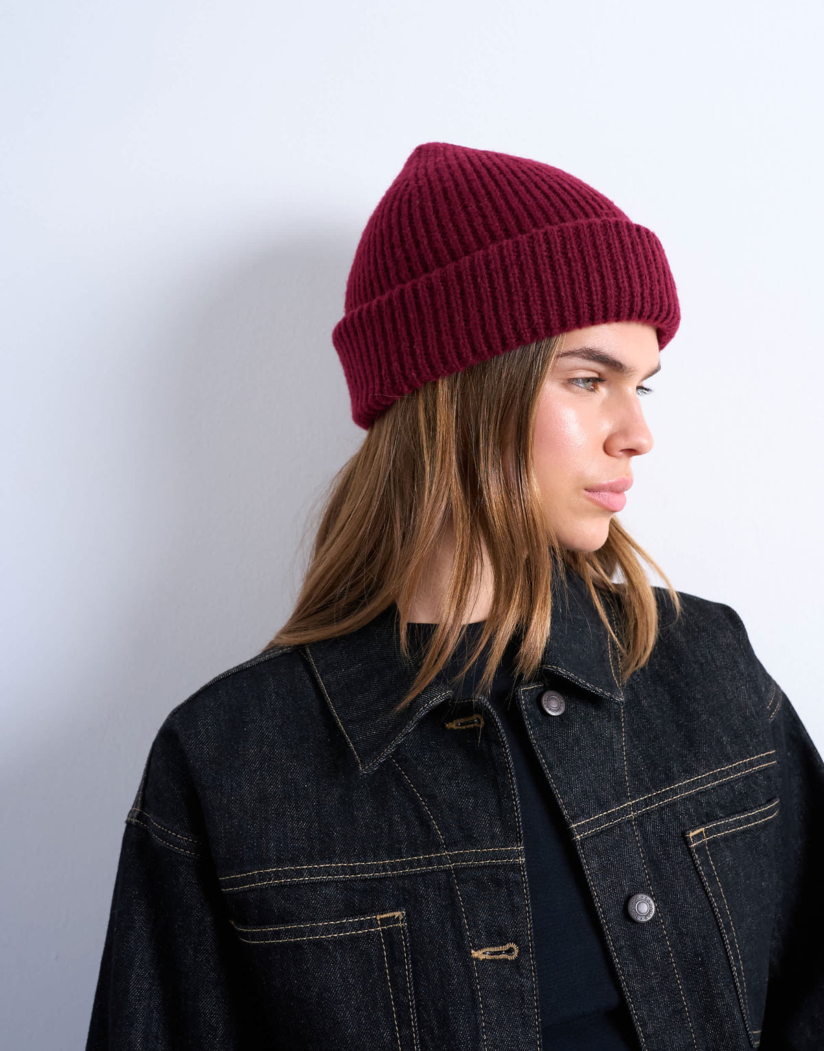 Topshop Henry ribbed beanie in burgundy