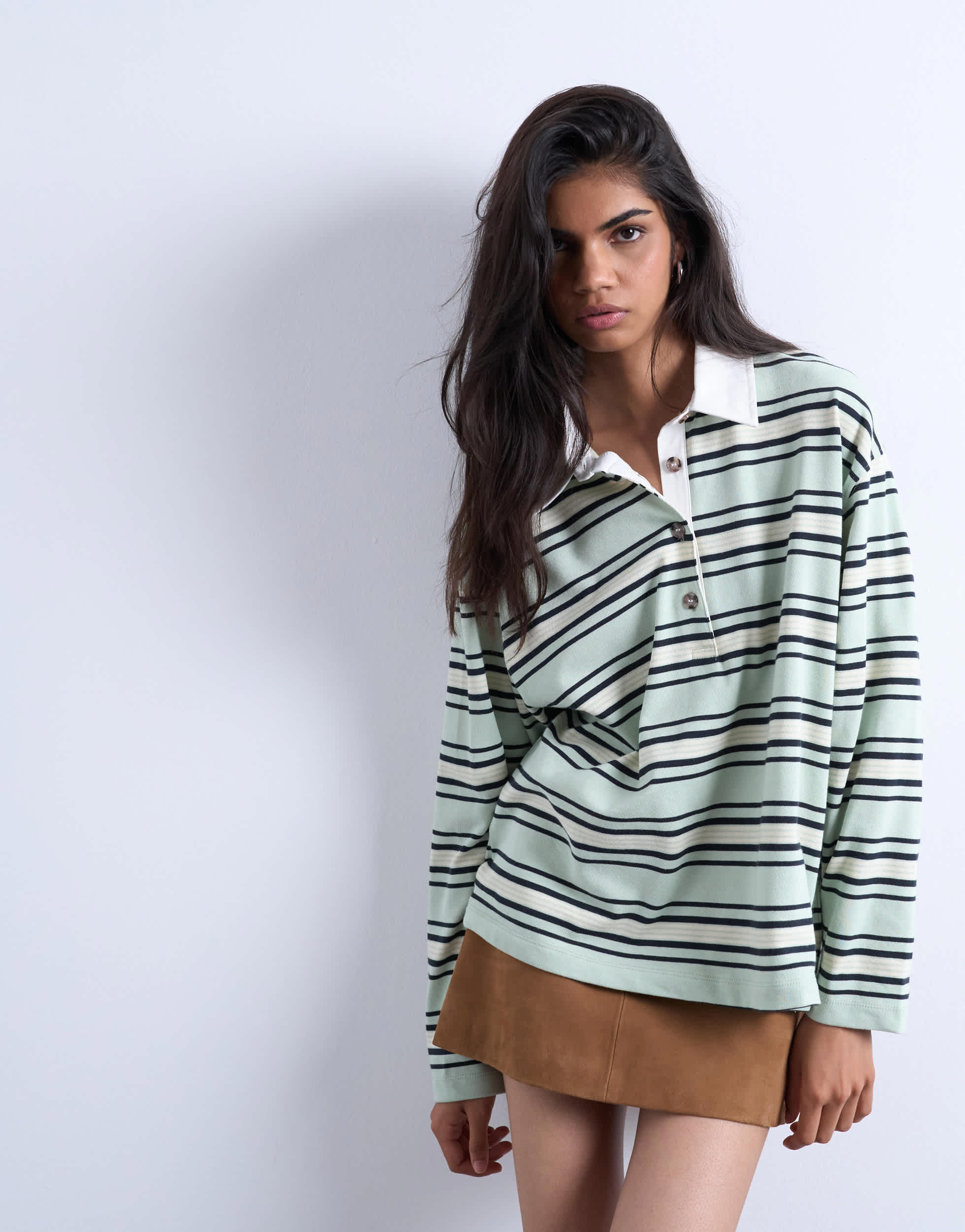 Topshop jersey stripe rugby long sleeve polo in pistachio