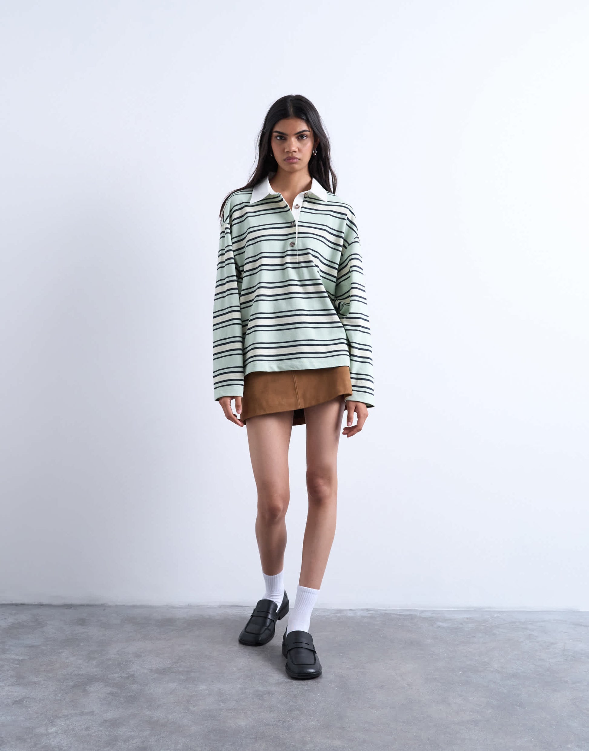 Topshop jersey stripe rugby long sleeve polo in pistachio