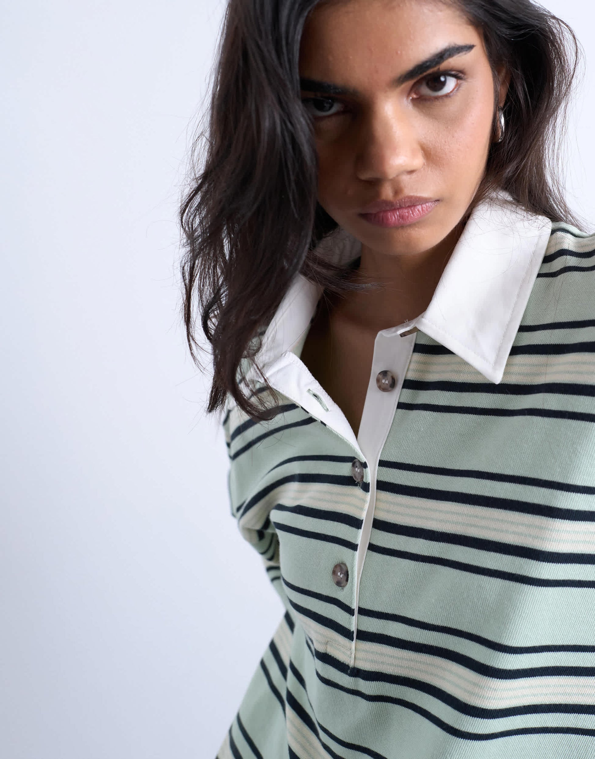 Topshop jersey stripe rugby long sleeve polo in pistachio