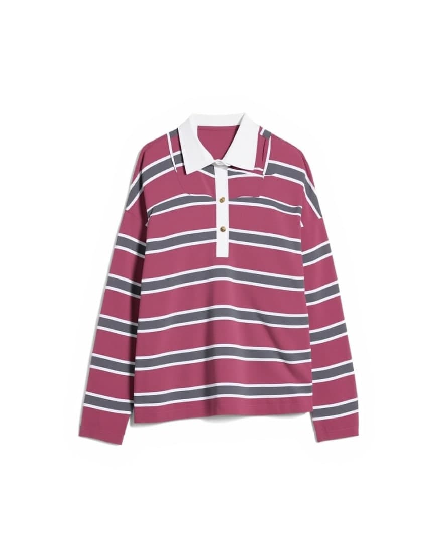 Topshop jersey stripe rugby long sleeve polo in burgundy