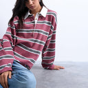 Topshop jersey stripe rugby long sleeve polo in burgundy